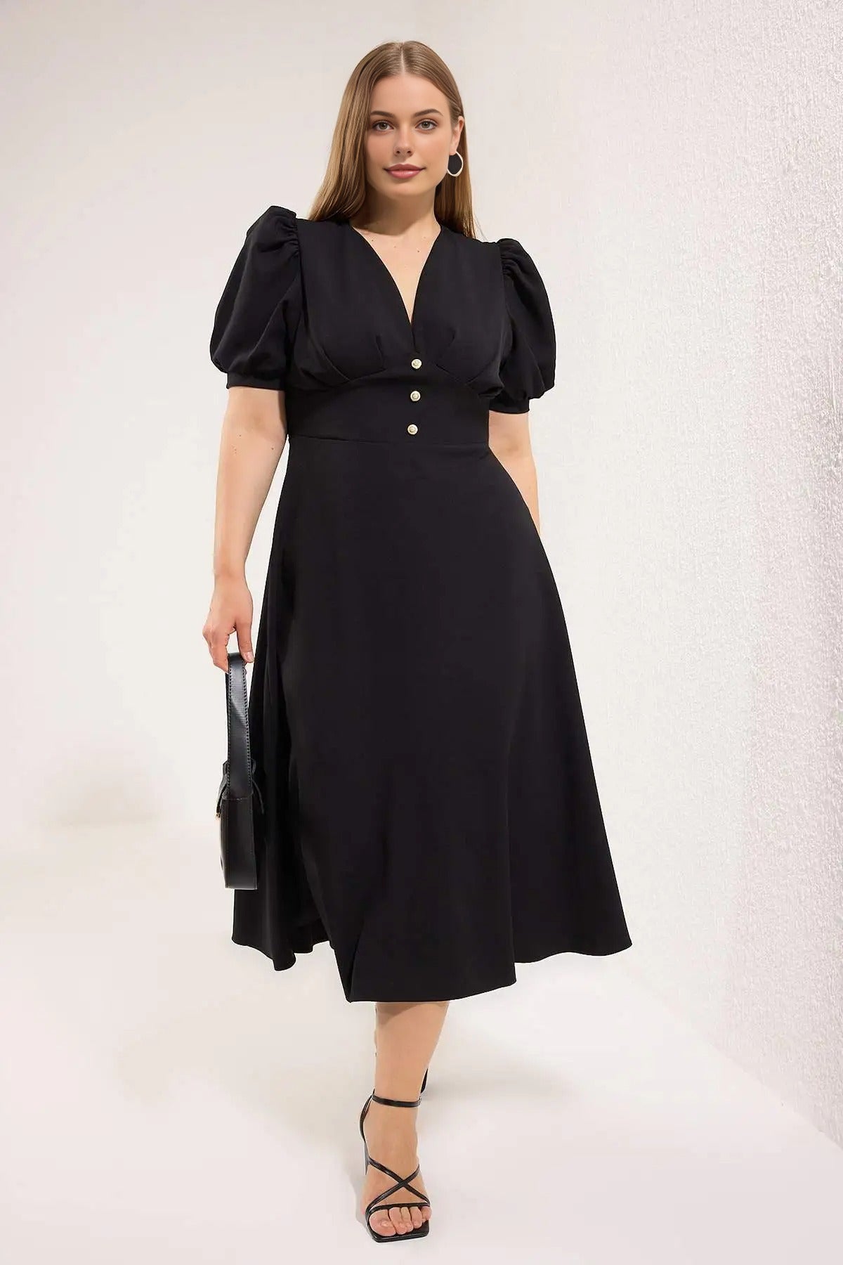 V-Neck Balloon Sleeve Pearl Button Midi Elegant Woven Plus Size Dress