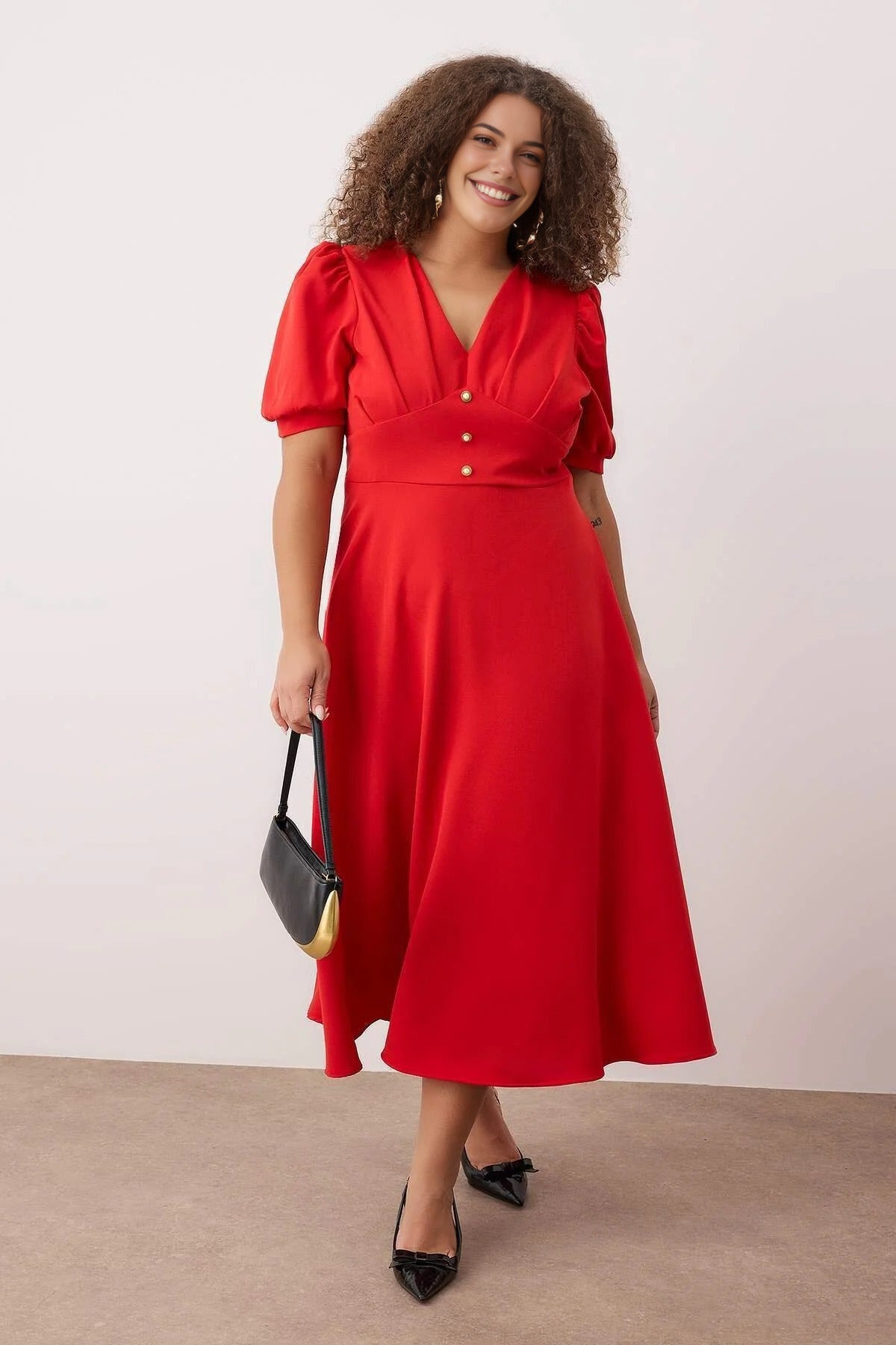 V-Neck Balloon Sleeve Pearl Button Midi Elegant Woven Plus Size Dress