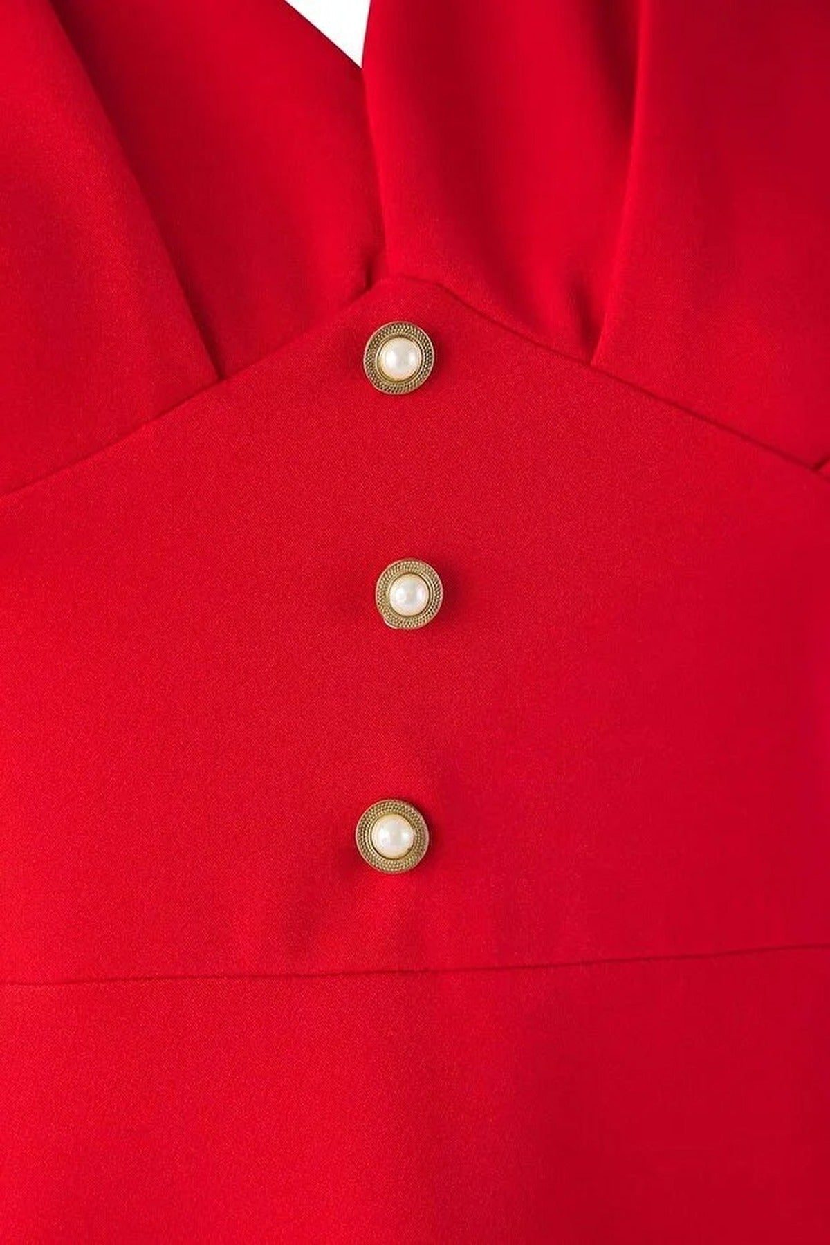 V-Neck Balloon Sleeve Pearl Button Midi Elegant Woven Plus Size Dress