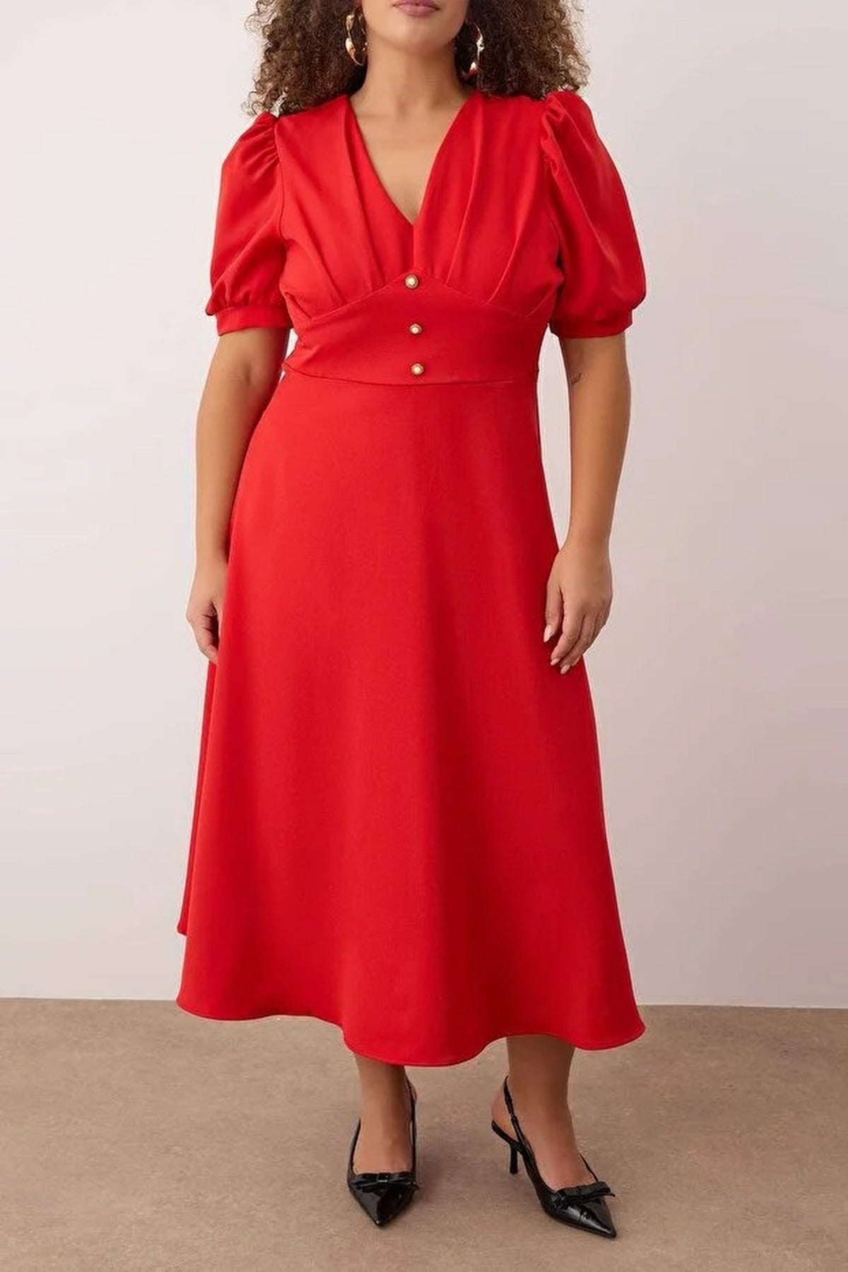 V-Neck Balloon Sleeve Pearl Button Midi Elegant Woven Plus Size Dress