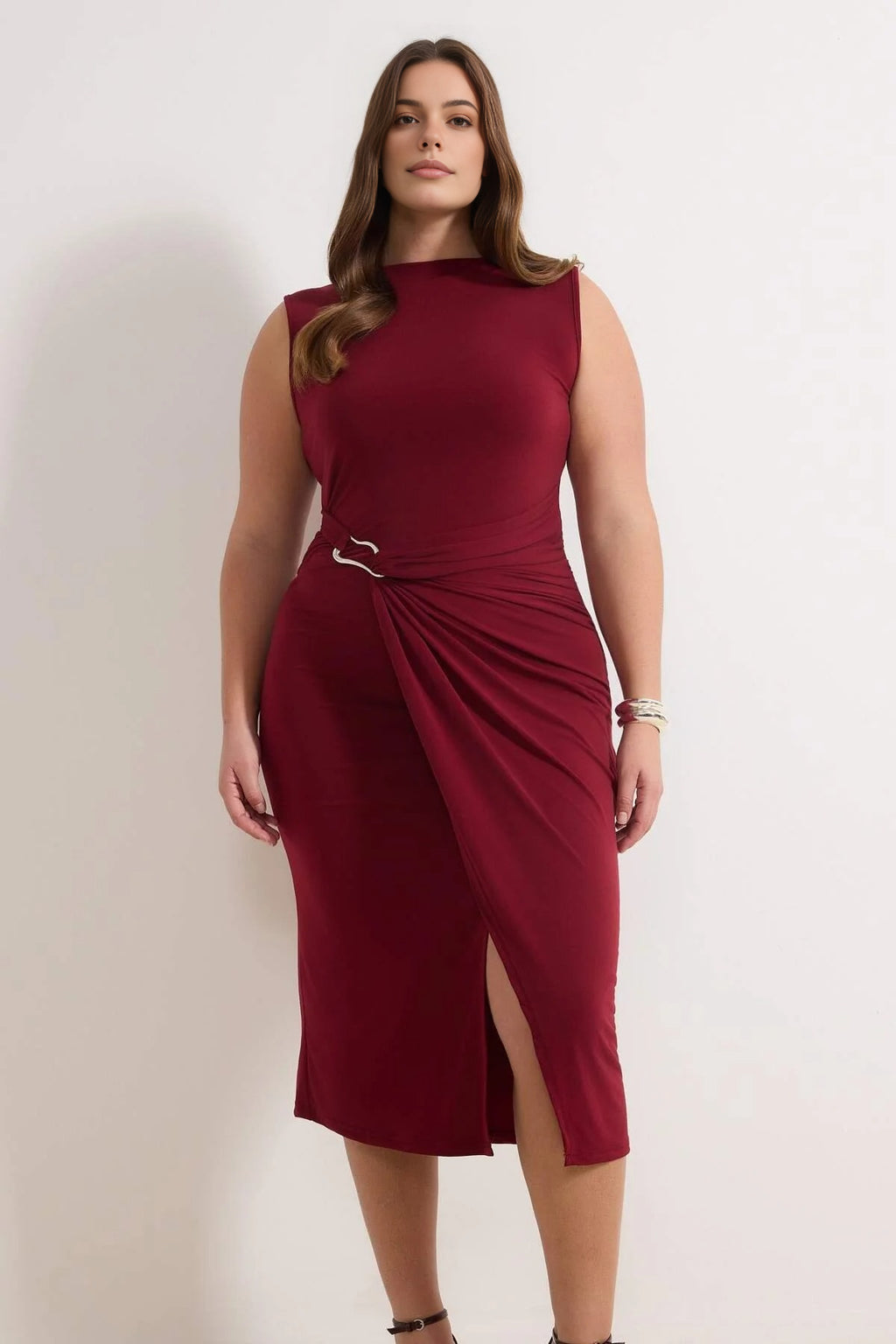 Bodycon Midi Accessory Detail Knitted Plus Size Dress