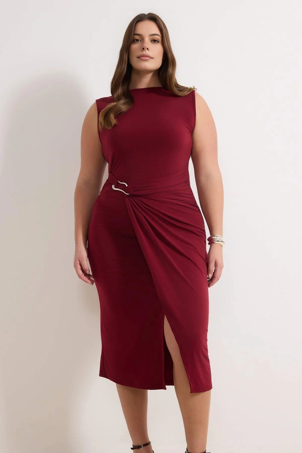 Bodycon Midi Accessory Detail Knitted Plus Size Dress
