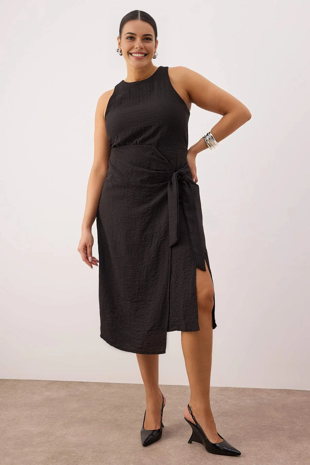 Flannel Midi Dress with Slit and Tie Detail
