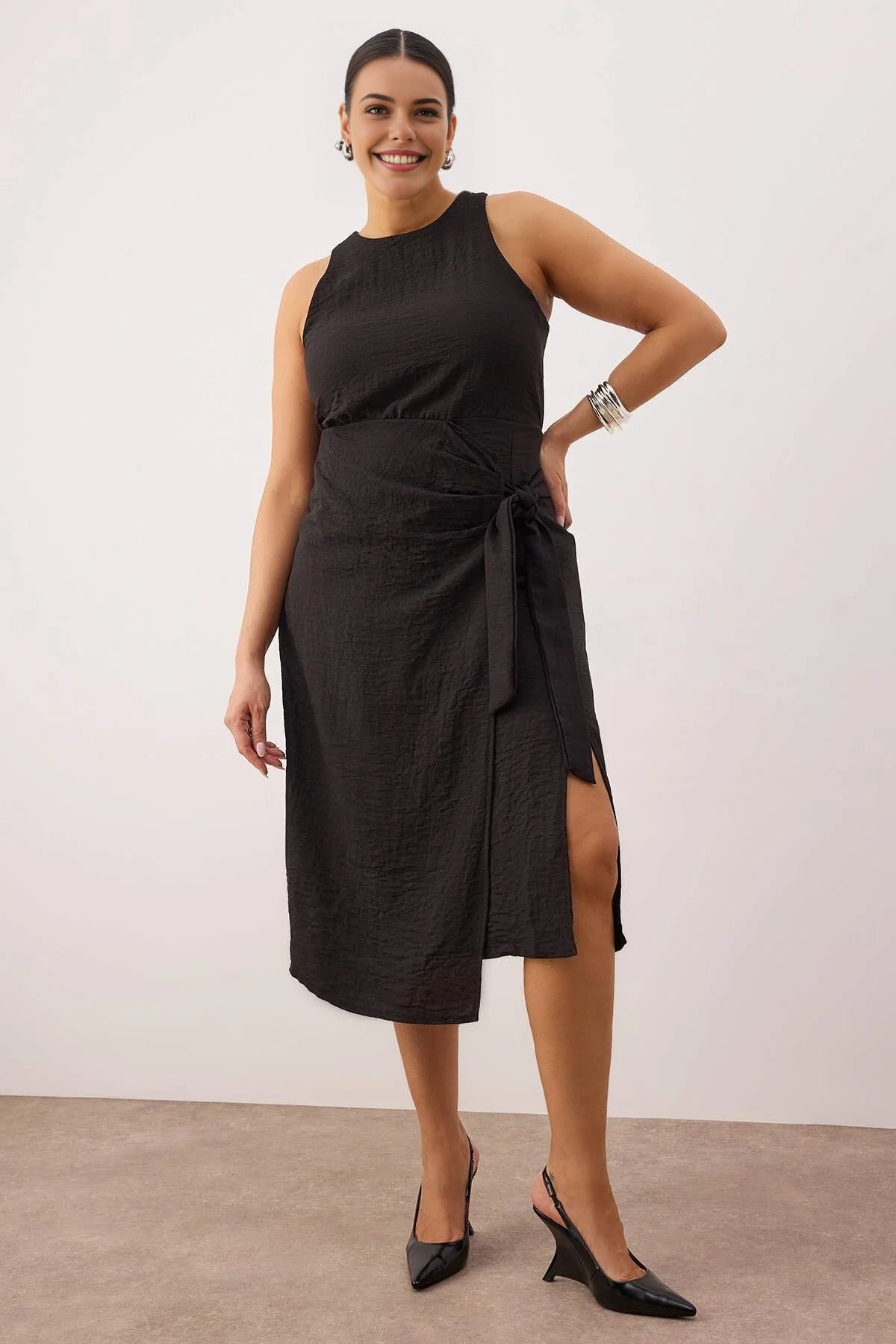 Flannel Midi Dress with Slit and Tie Detail