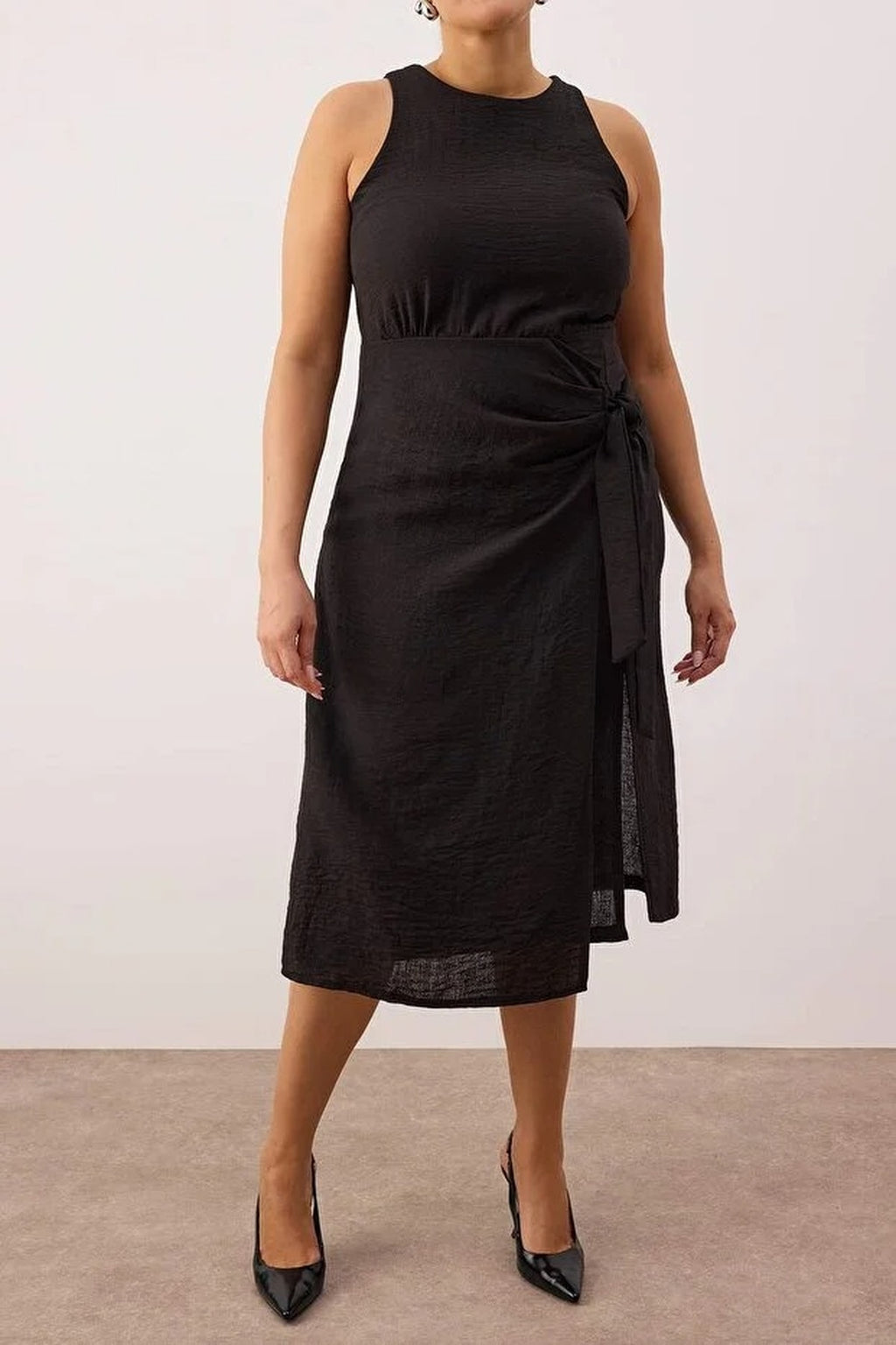 Flannel Midi Dress with Slit and Tie Detail