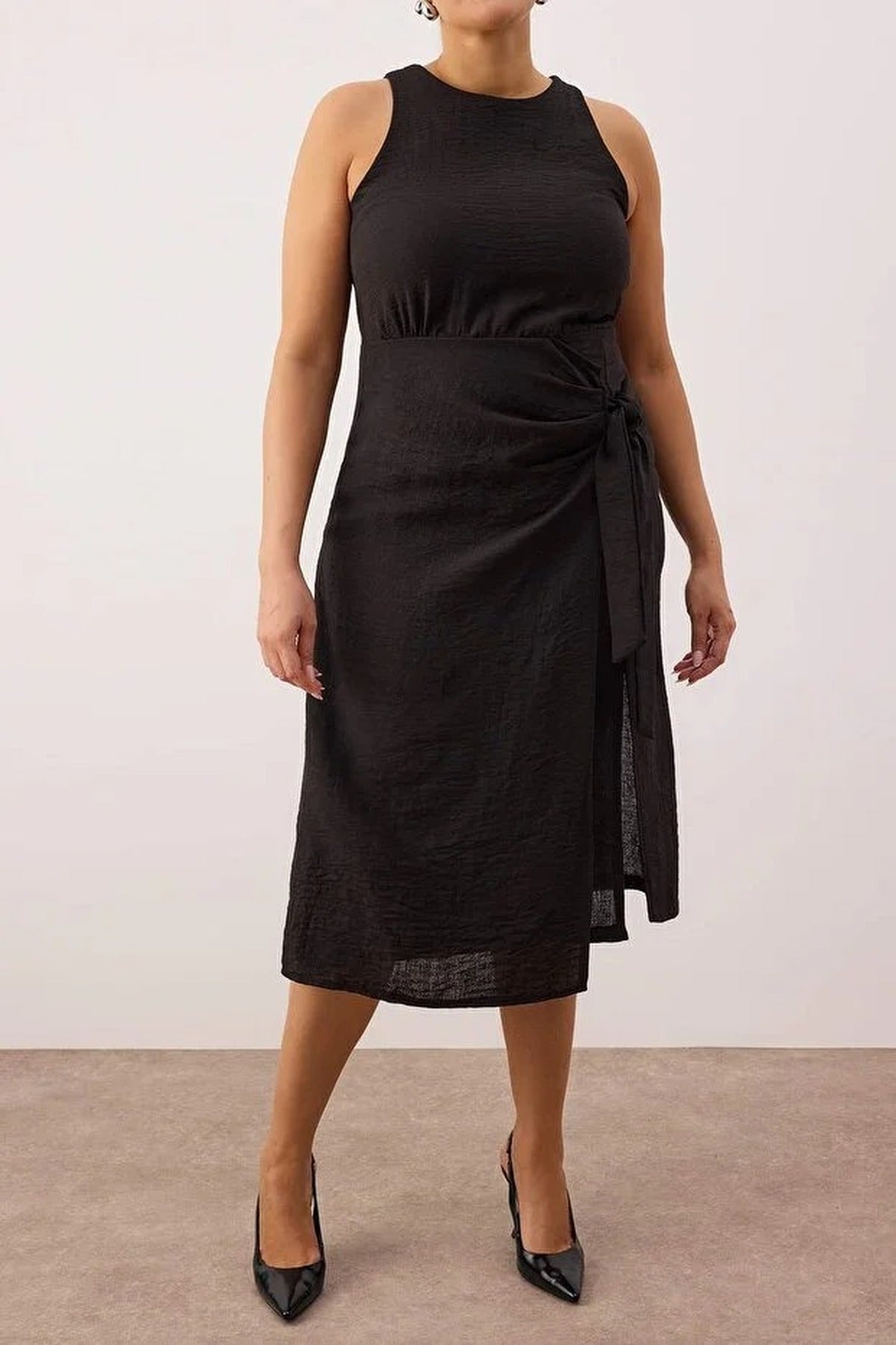 Flannel Midi Dress with Slit and Tie Detail