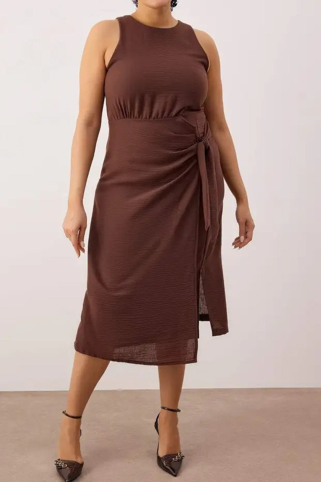 Flannel Midi Dress with Slit and Tie Detail