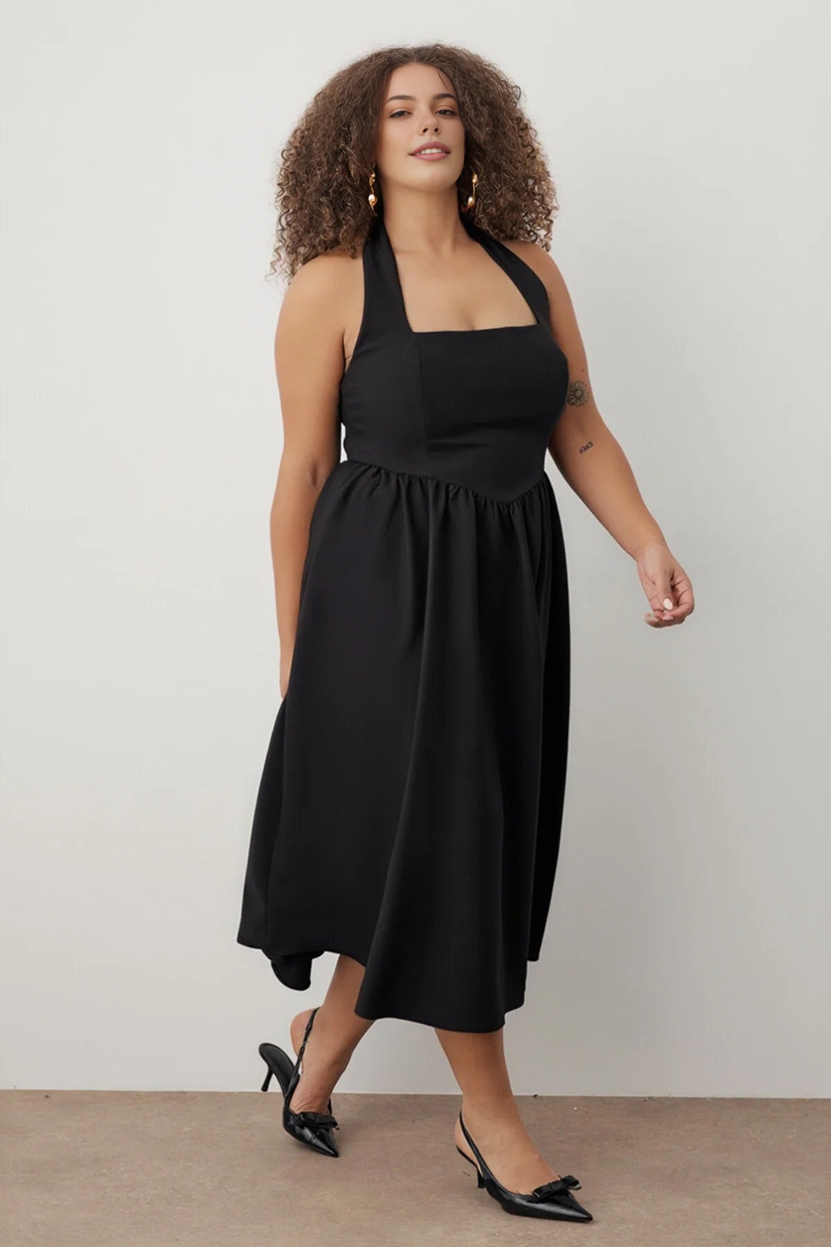 Square Neck Skater Midi Finike Woven Plus Size Dress