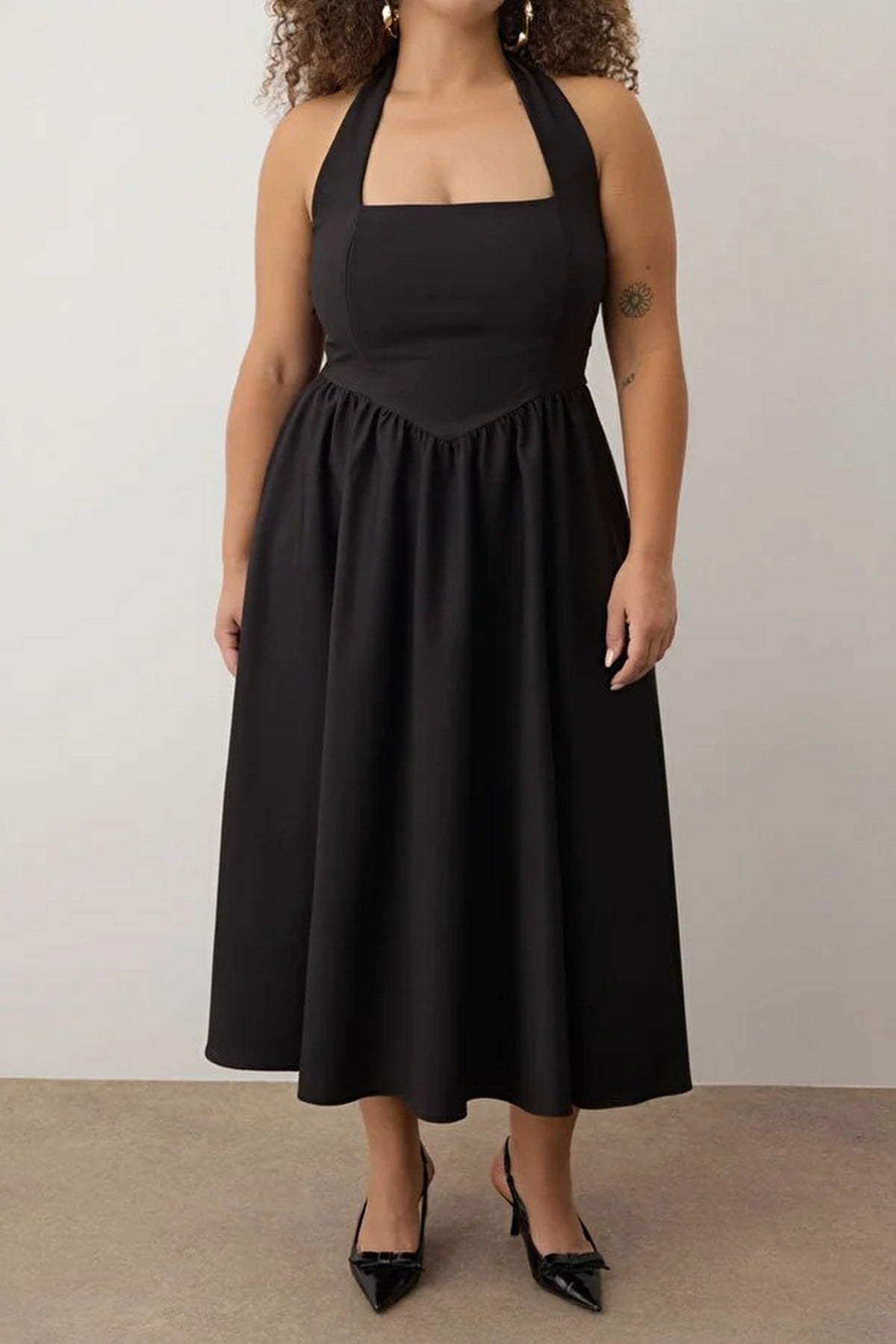 Square Neck Skater Midi Finike Woven Plus Size Dress