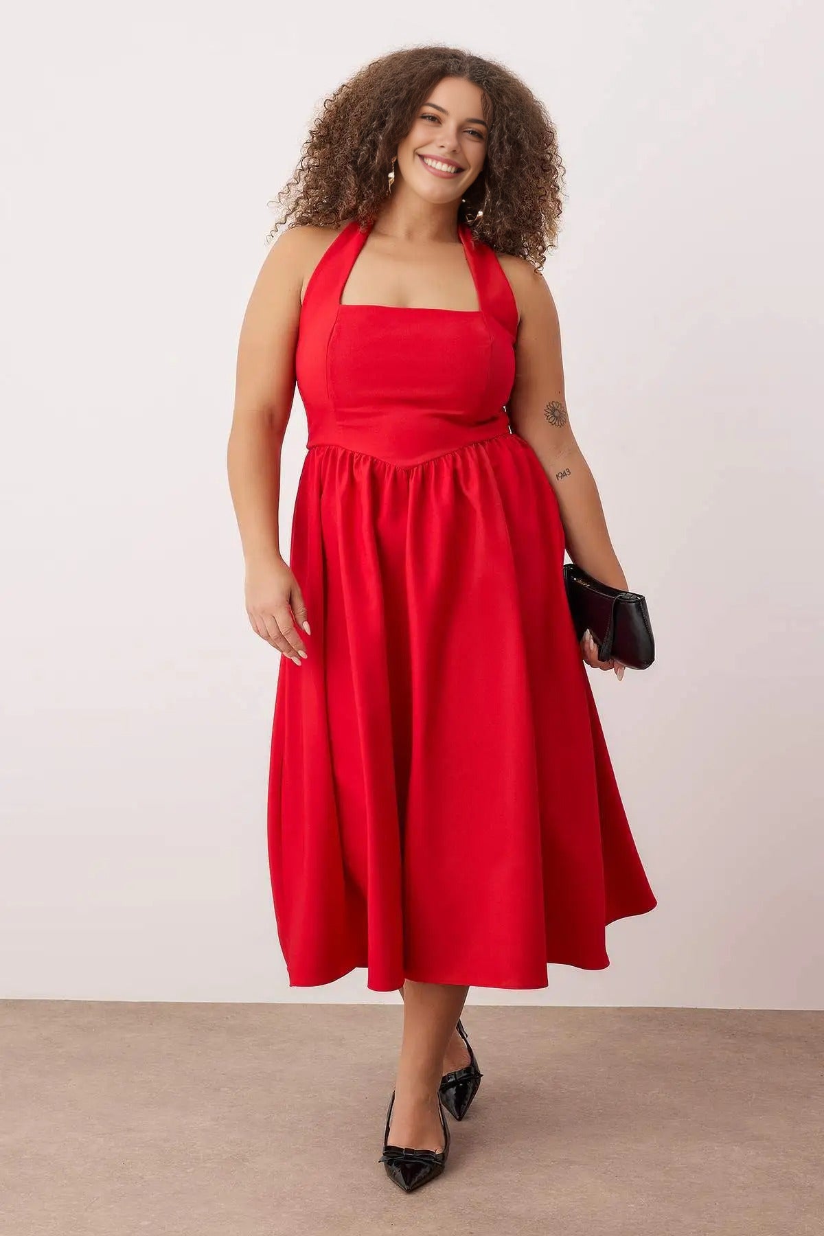 Square Neck Skater Midi Finike Woven Plus Size Dress