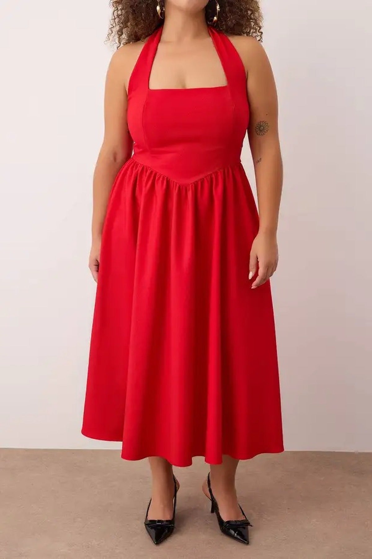 Square Neck Skater Midi Finike Woven Plus Size Dress