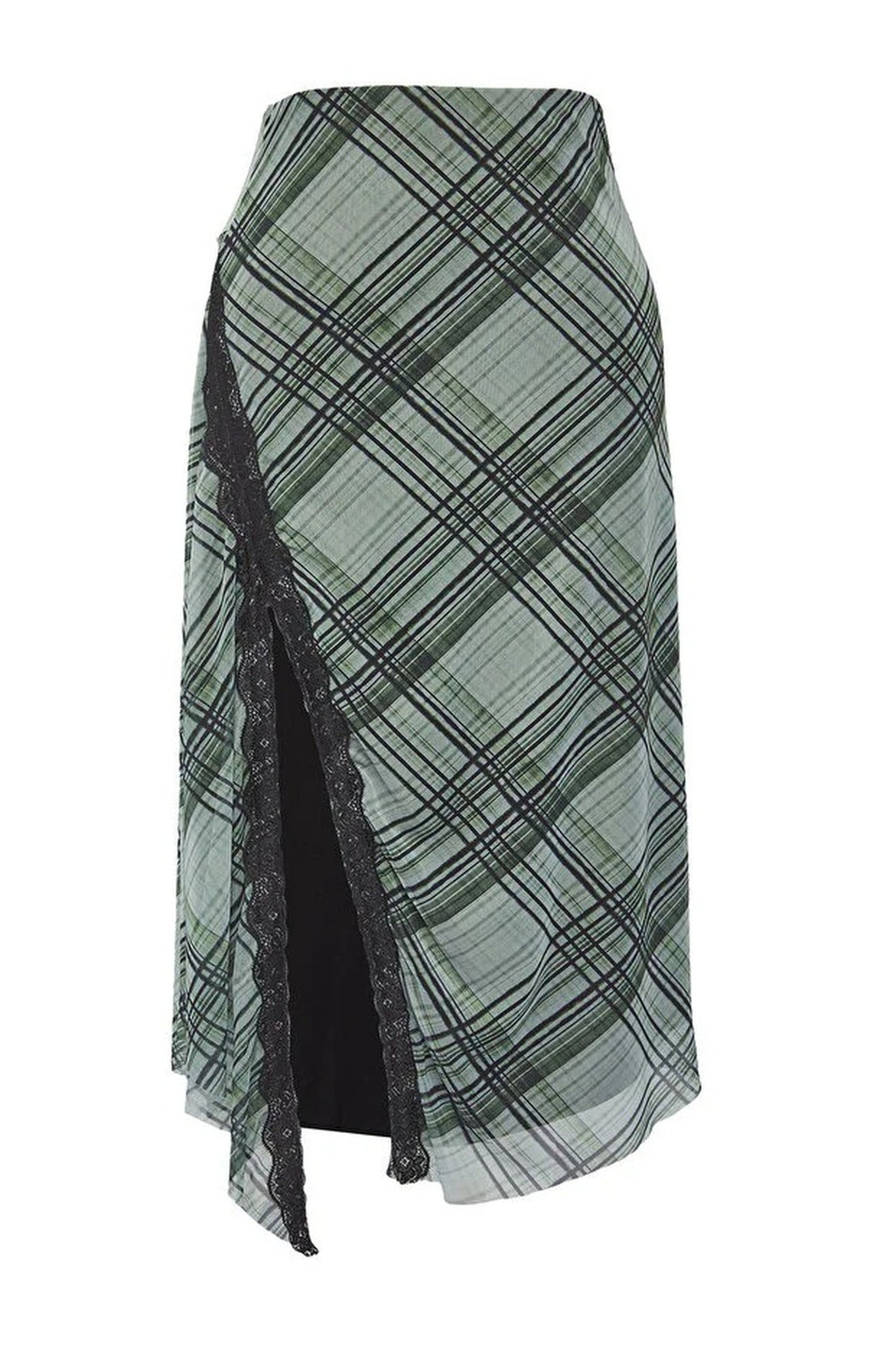 Plaid Patterned Tulle Lace Detail Stretchy Knit Plus Size Skirt