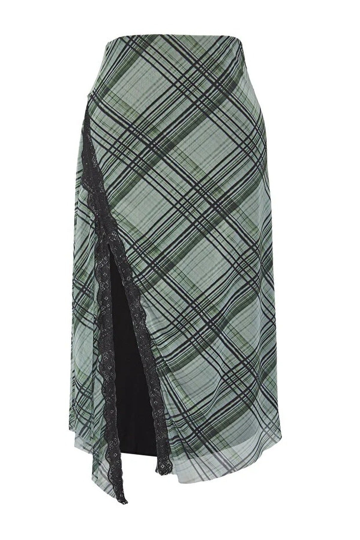 Plaid Patterned Tulle Lace Detail Stretchy Knit Plus Size Skirt