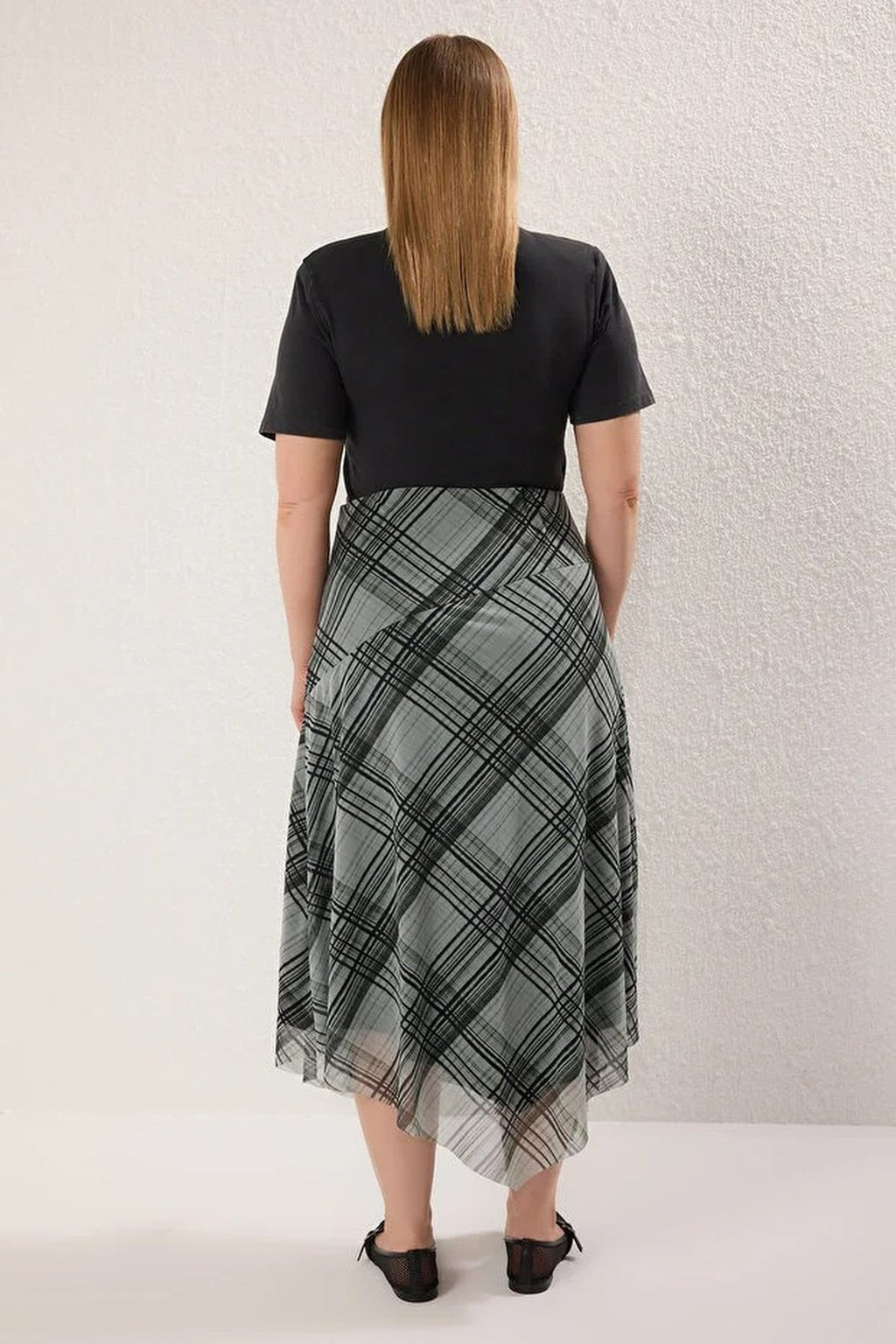 Plaid Patterned Tulle Lace Detail Stretchy Knit Plus Size Skirt