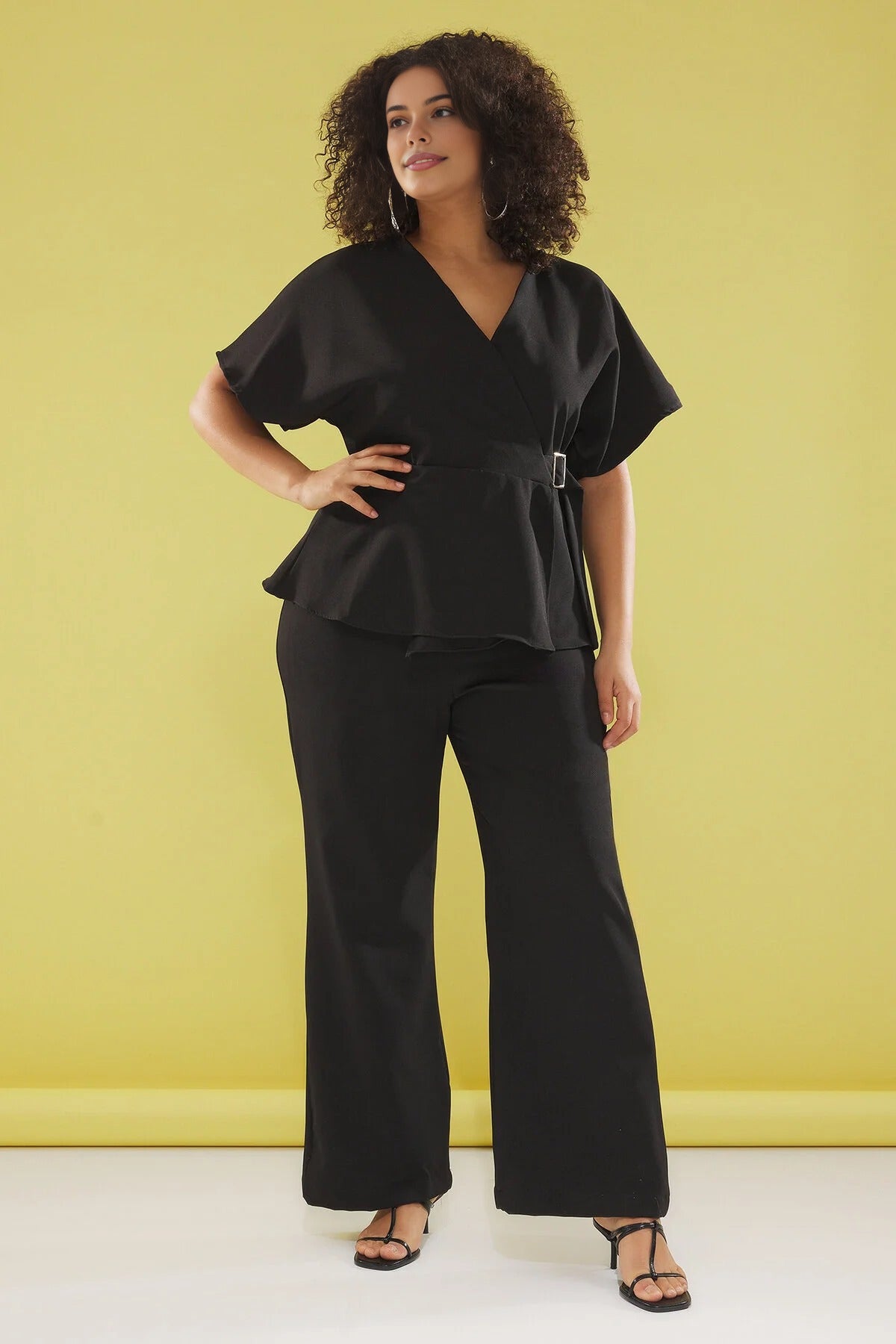 V-Neck Plus Size Jumpsuit with Adjustable Belt Buckle