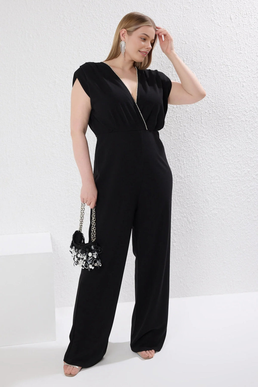 Wrap-Around Collar Embellished Knitted Plus Size Jumpsuit