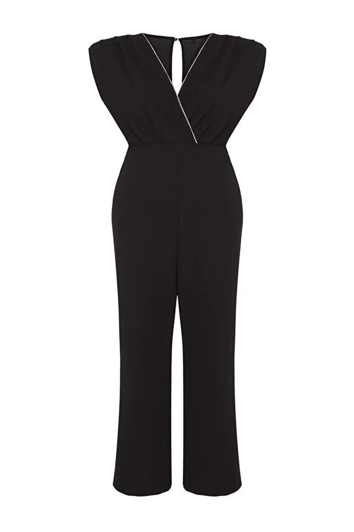 Wrap-Around Collar Embellished Knitted Plus Size Jumpsuit