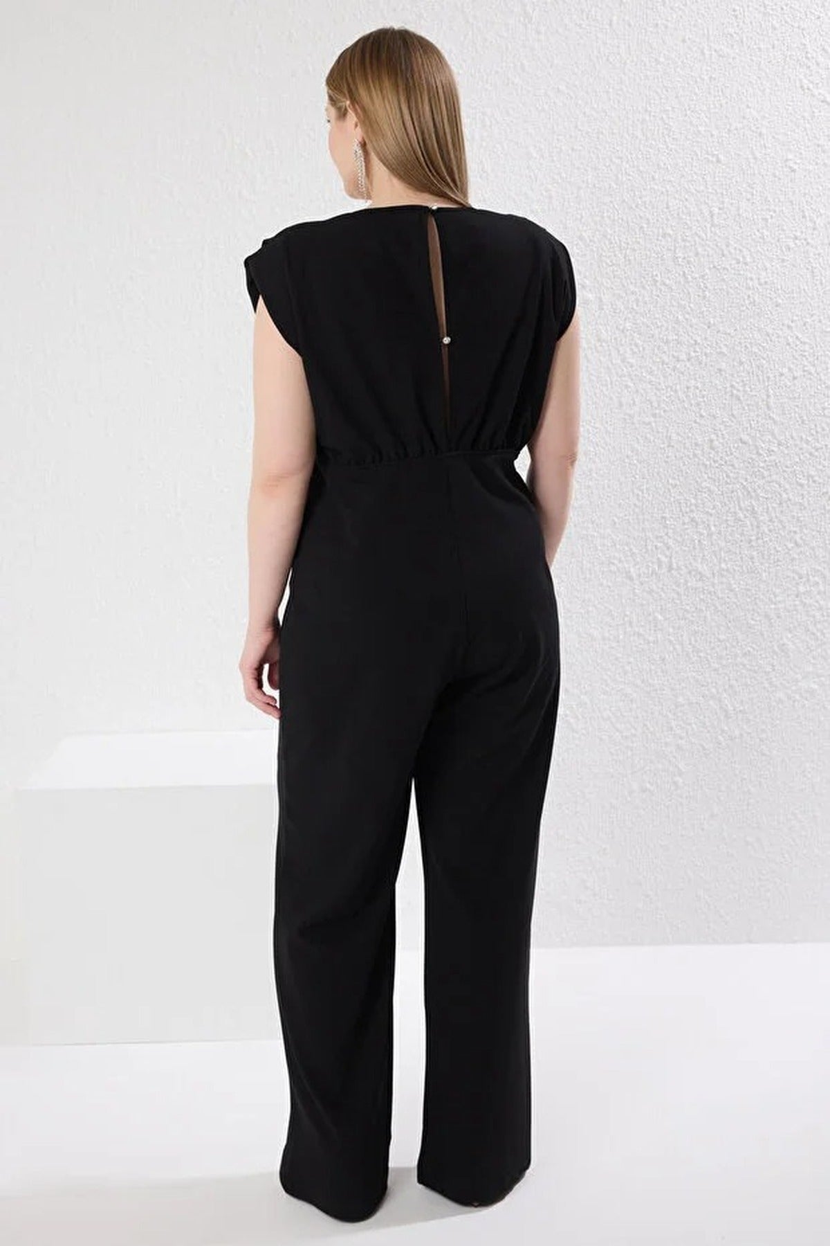 Wrap-Around Collar Embellished Knitted Plus Size Jumpsuit