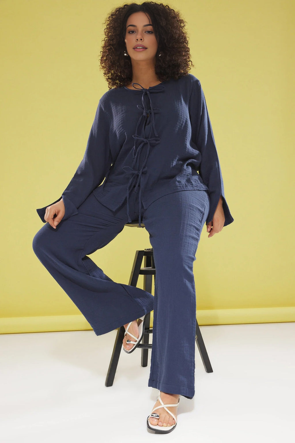 Muslin 100% Cotton Plus Size Two-Piece Set with Bow