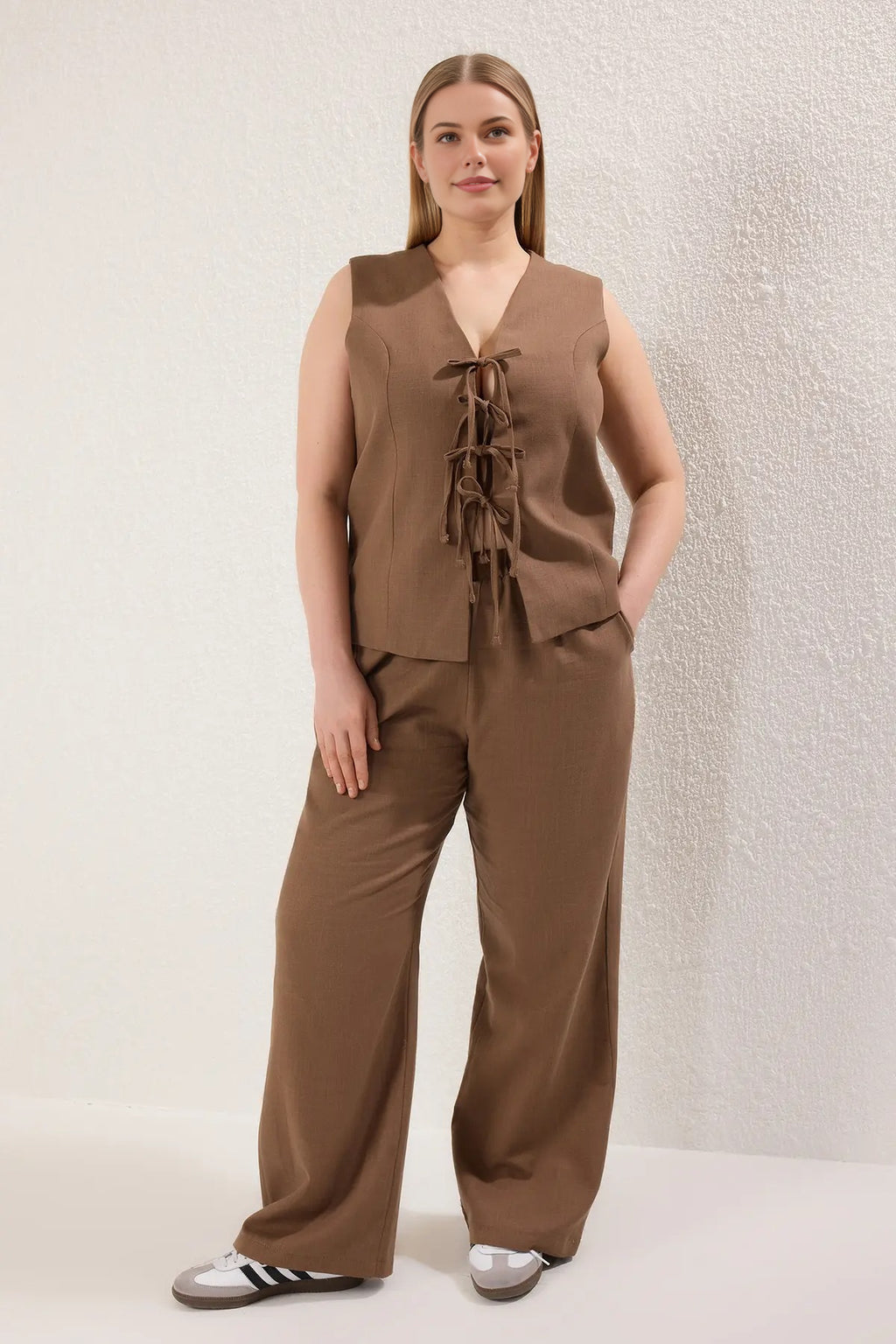 2- Piece Wide Leg Linen Look Top and Bottom Set with Drawstring Front