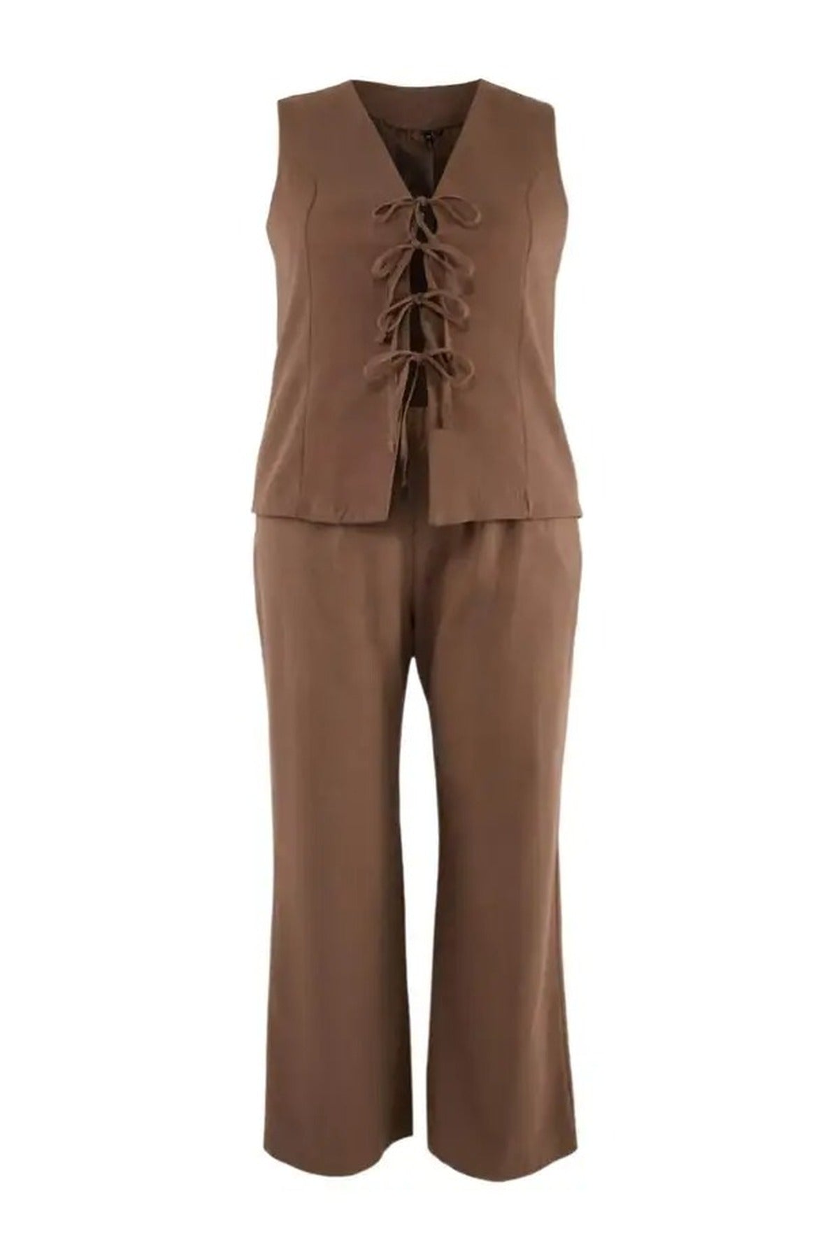 2- Piece Wide Leg Linen Look Top and Bottom Set with Drawstring Front