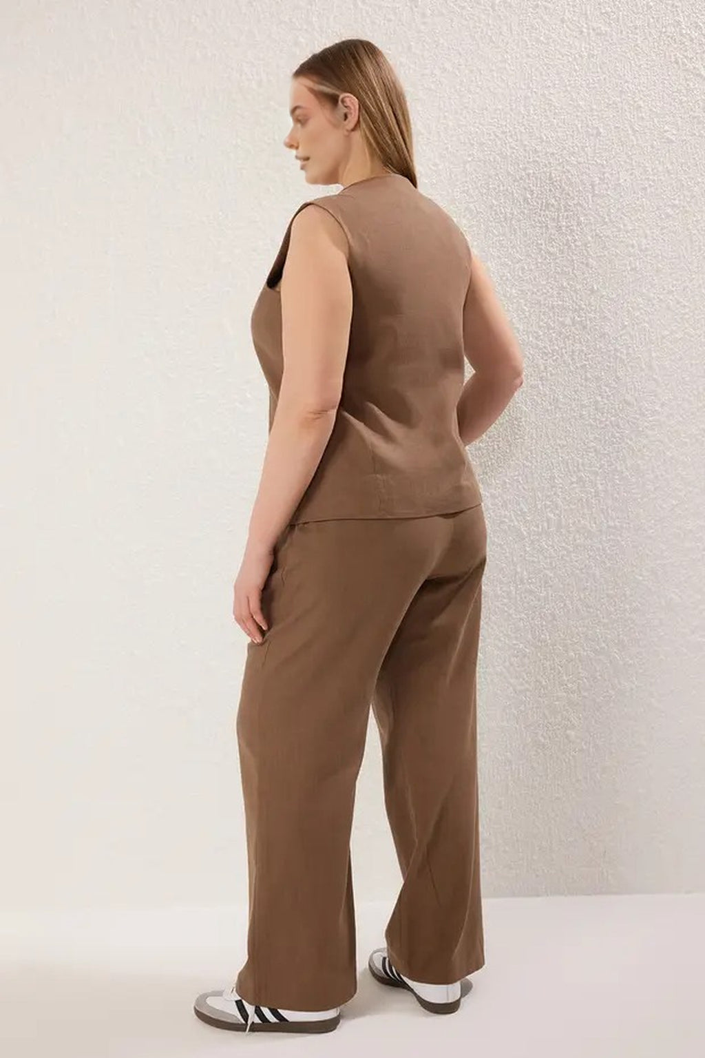 2- Piece Wide Leg Linen Look Top and Bottom Set with Drawstring Front