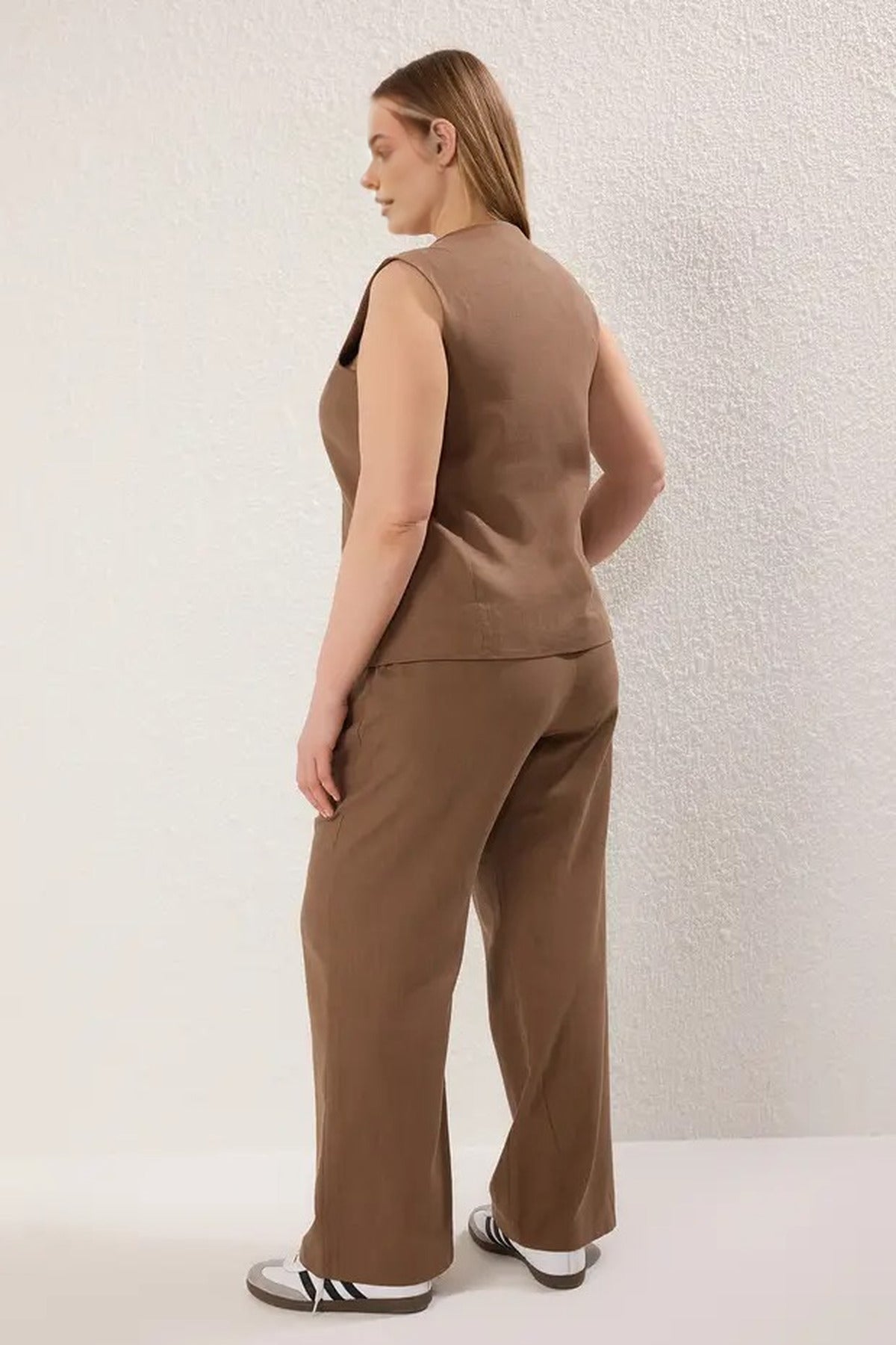 2- Piece Wide Leg Linen Look Top and Bottom Set with Drawstring Front