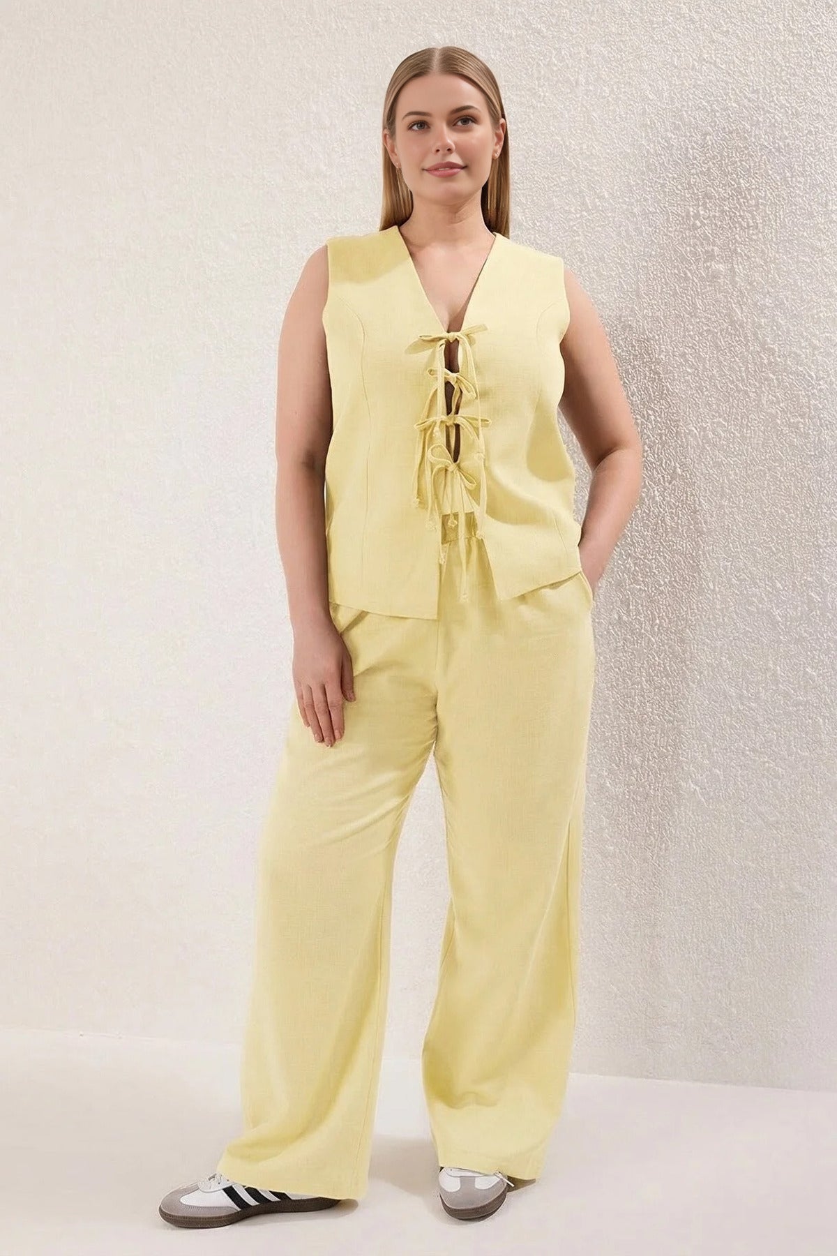2- Piece Wide Leg Linen Look Top and Bottom Set with Drawstring Front