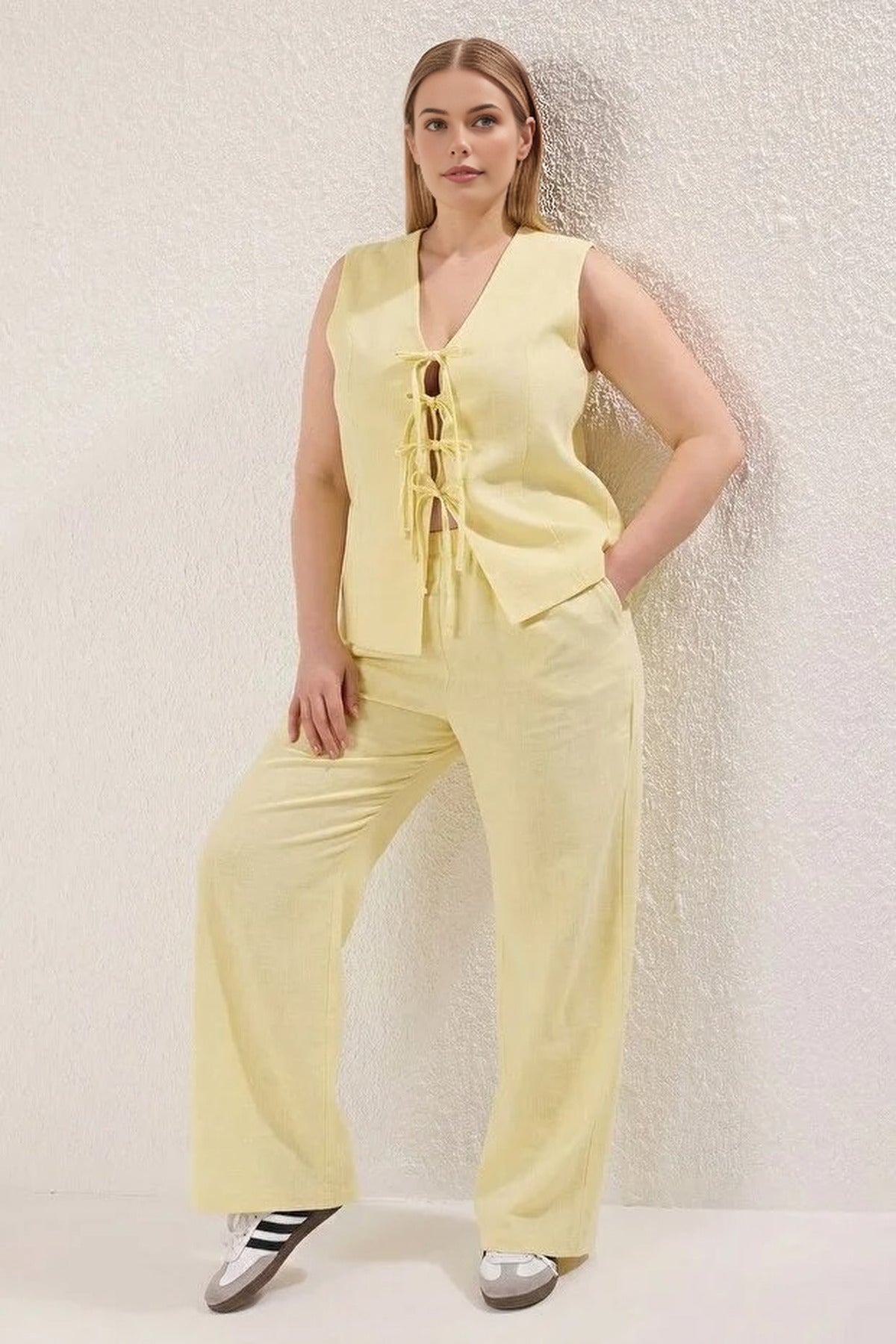 2- Piece Wide Leg Linen Look Top and Bottom Set with Drawstring Front