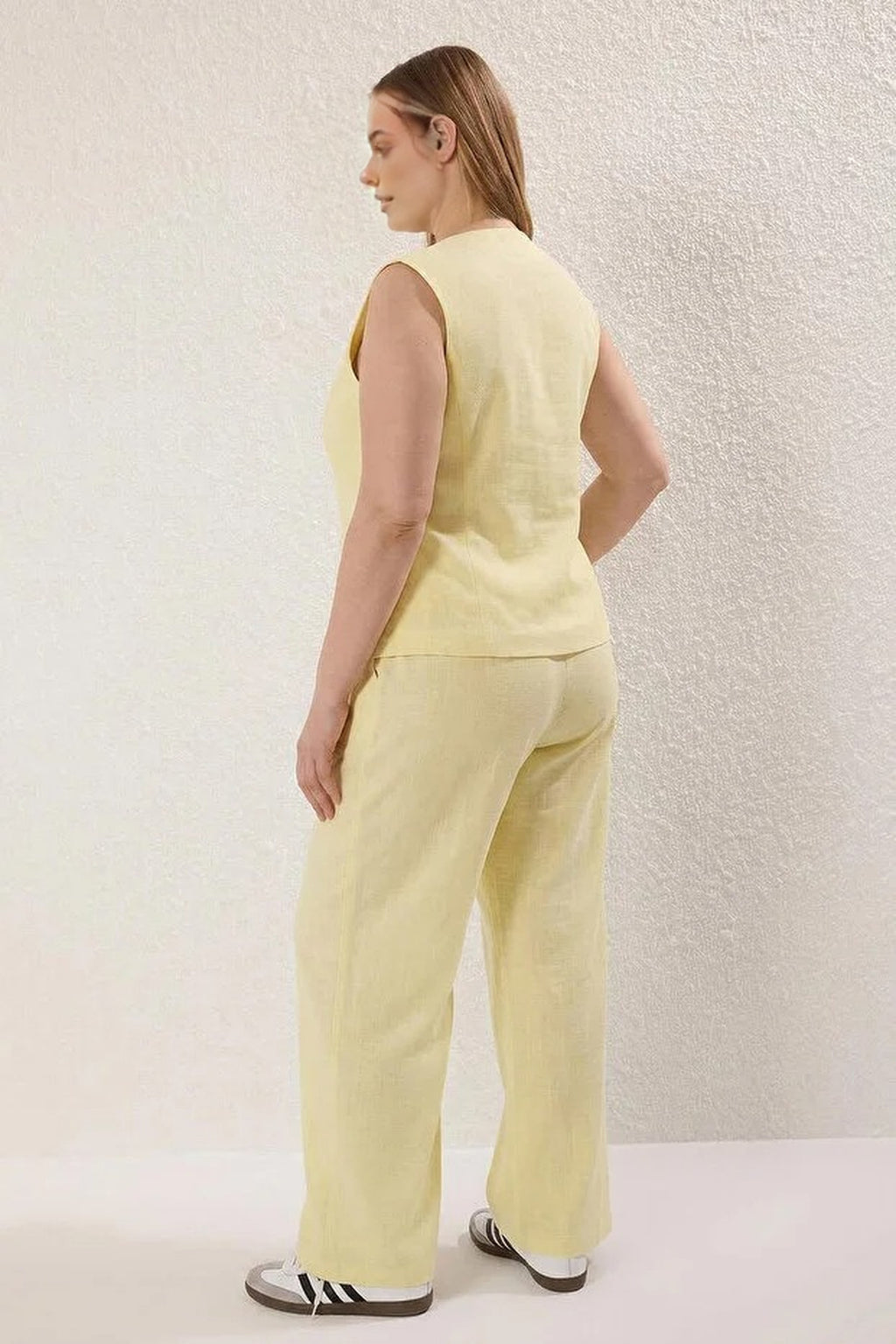 2- Piece Wide Leg Linen Look Top and Bottom Set with Drawstring Front