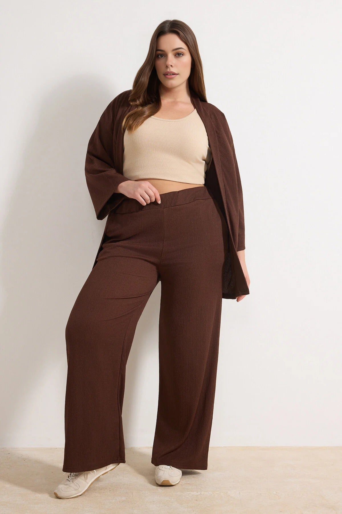 2- Piece Straight Relaxed Fit Flexible Kimono Knit Plus Size Top and Bottom Set