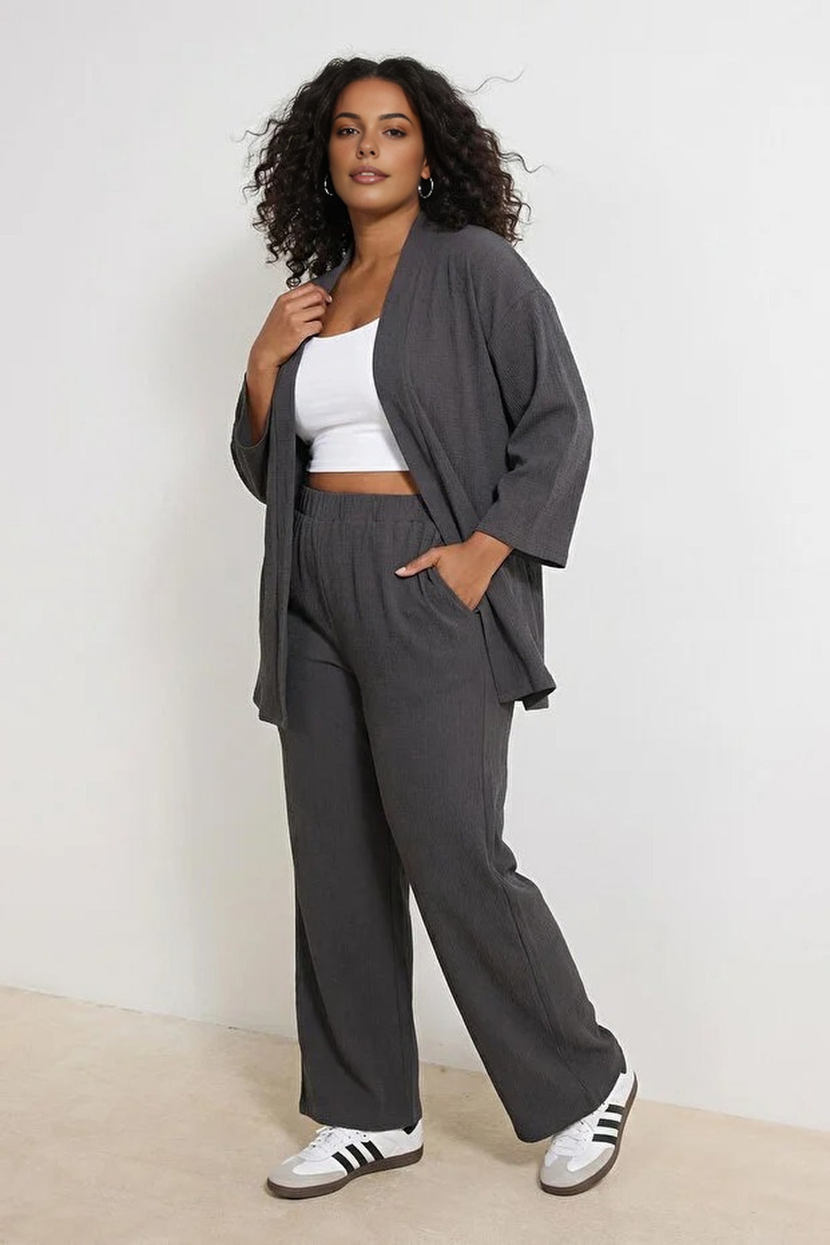 2- Piece Straight Relaxed Fit Flexible Kimono Knit Plus Size Top and Bottom Set