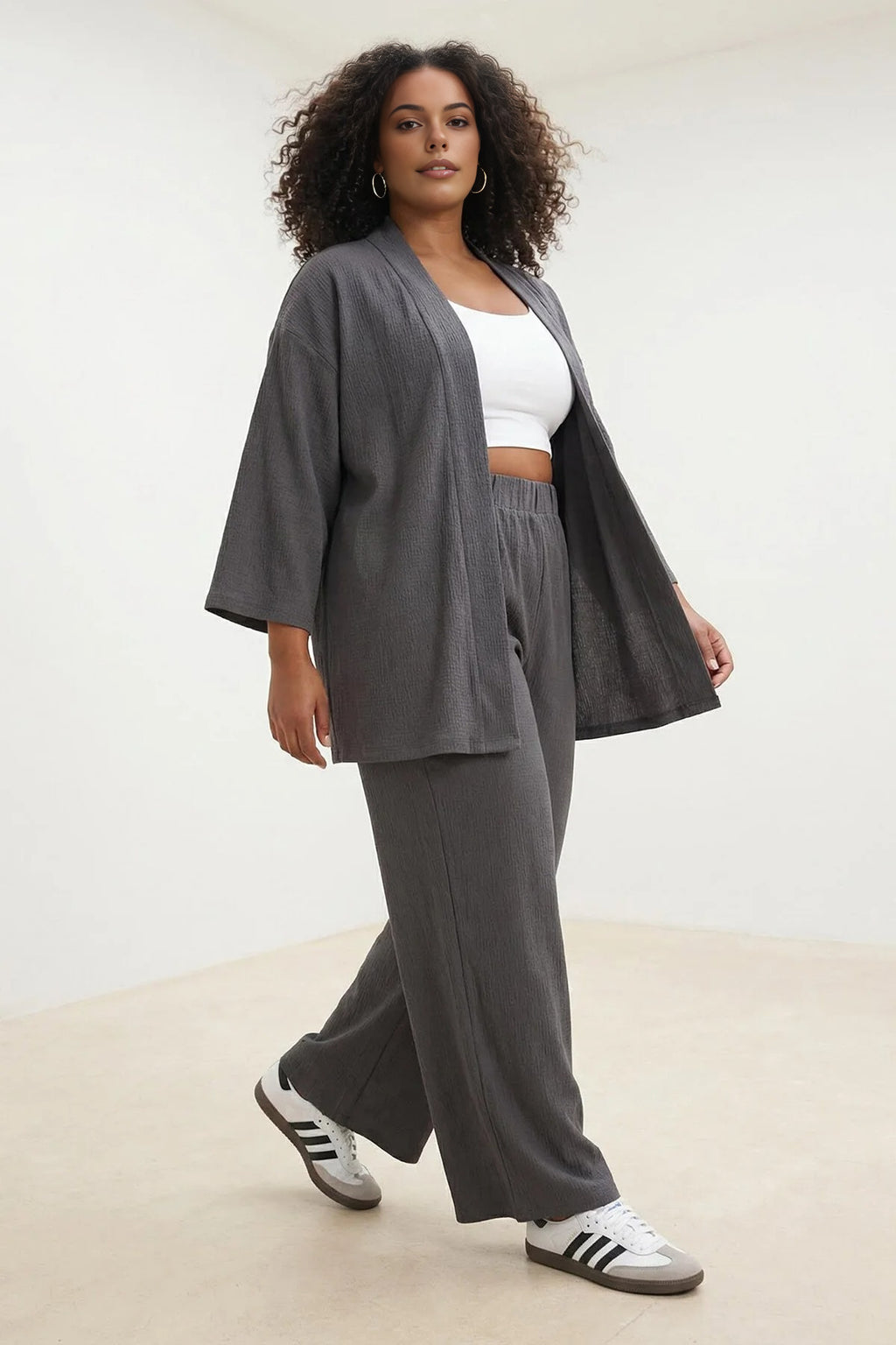 2- Piece Straight Relaxed Fit Flexible Kimono Knit Plus Size Top and Bottom Set