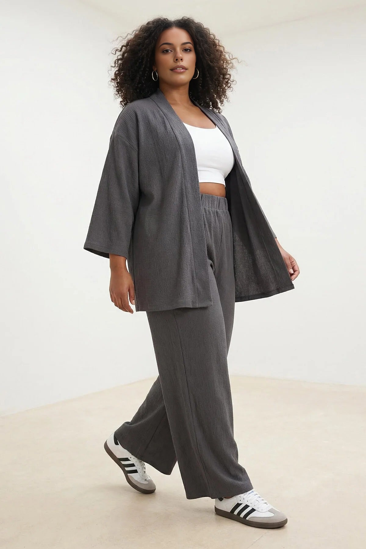2- Piece Straight Relaxed Fit Flexible Kimono Knit Plus Size Top and Bottom Set