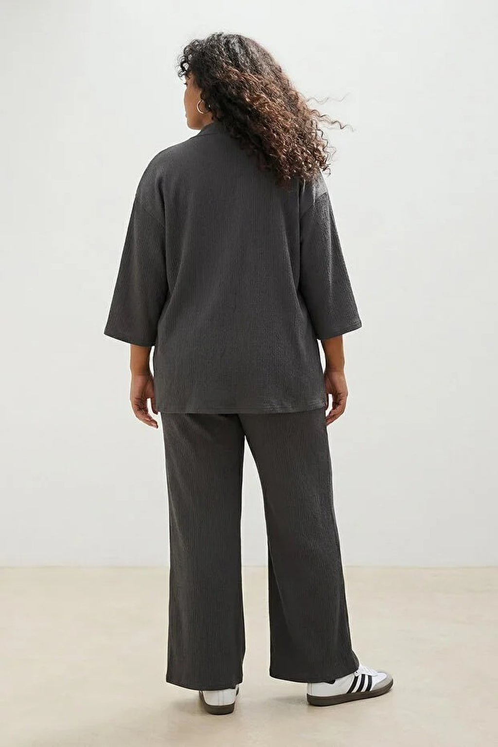 2- Piece Straight Relaxed Fit Flexible Kimono Knit Plus Size Top and Bottom Set