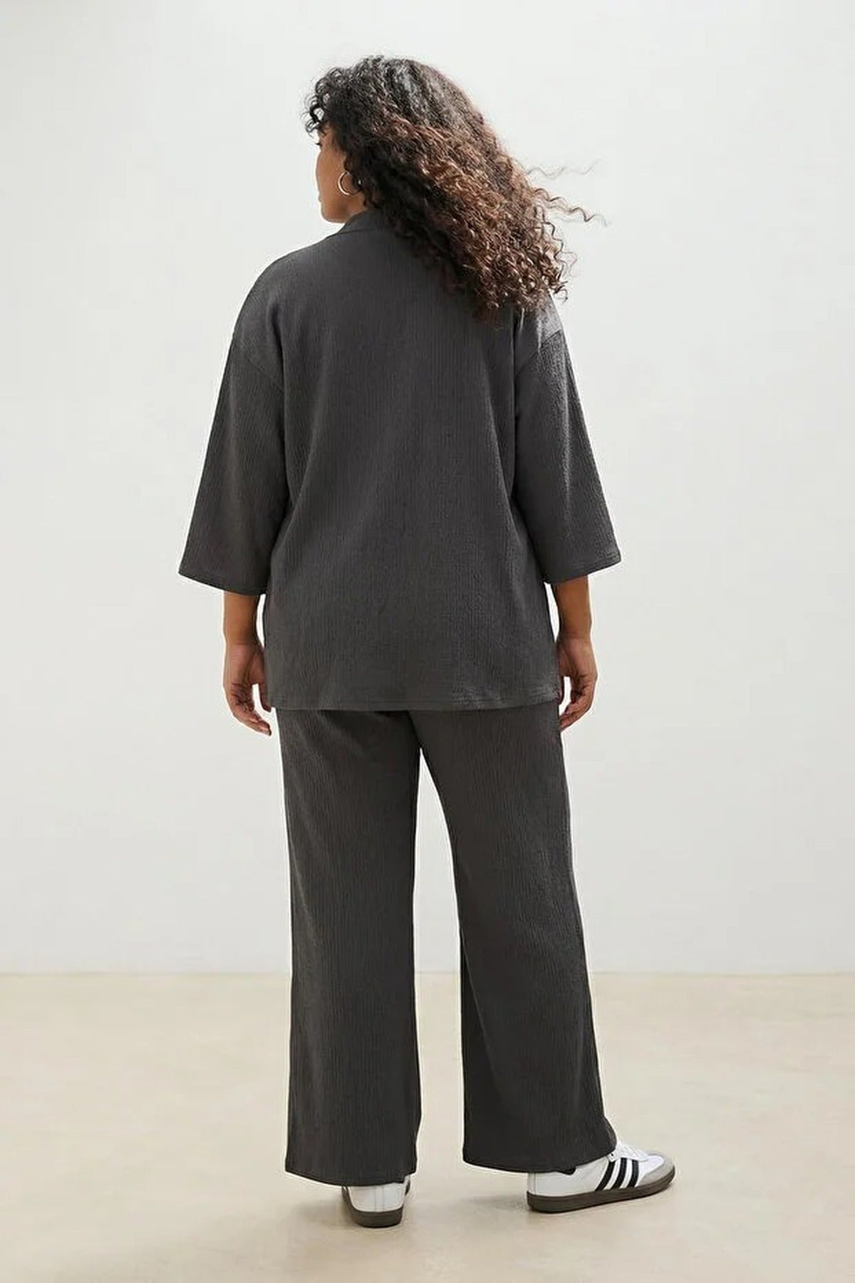 2- Piece Straight Relaxed Fit Flexible Kimono Knit Plus Size Top and Bottom Set