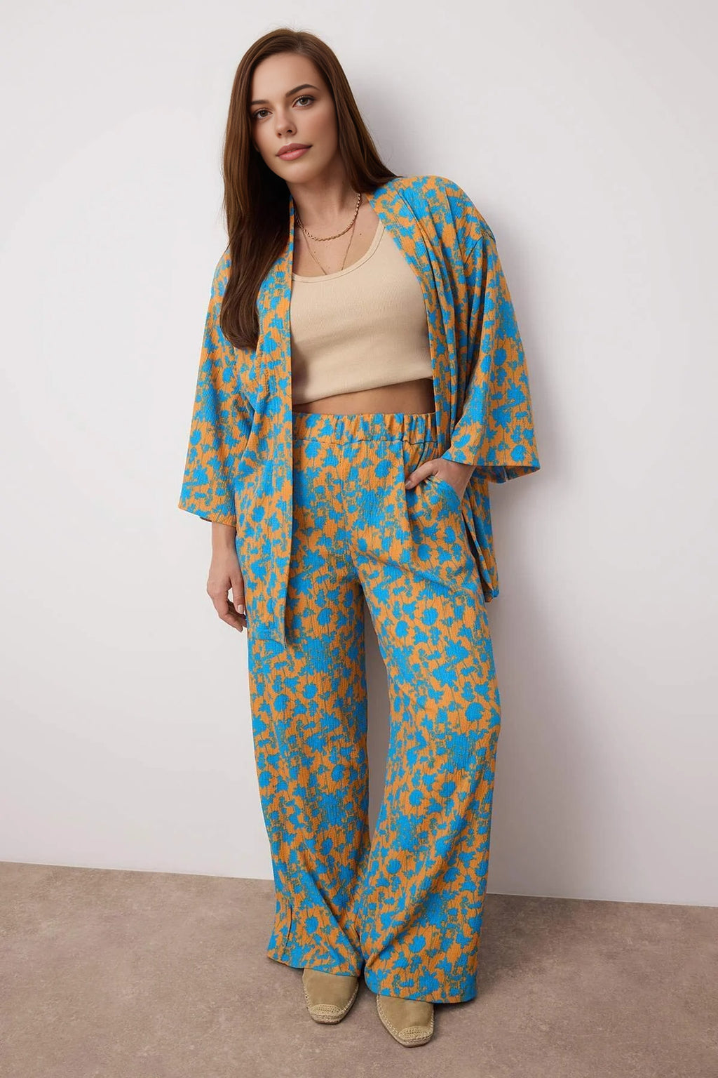2- Piece Straight Relaxed Fit Flexible Kimono Knit Plus Size Top and Bottom Set