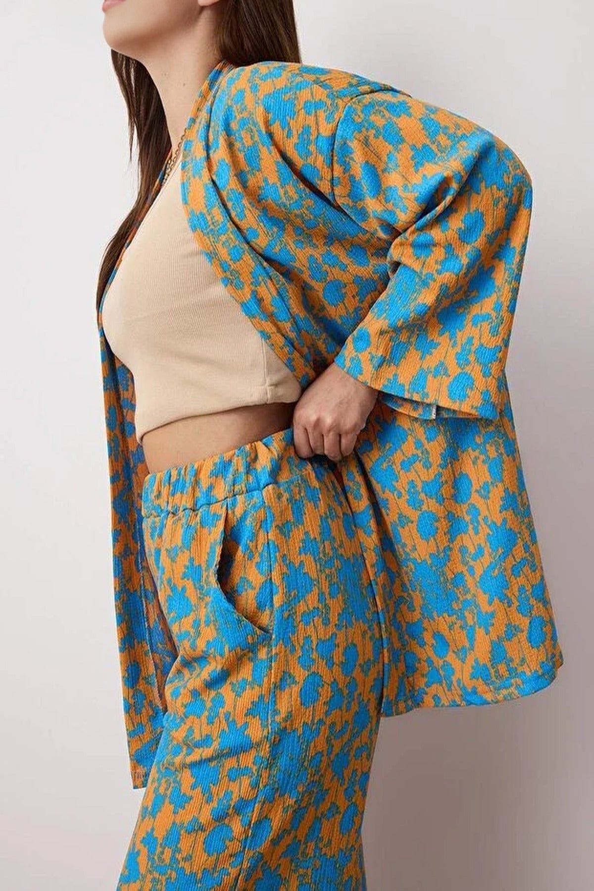 2- Piece Straight Relaxed Fit Flexible Kimono Knit Plus Size Top and Bottom Set