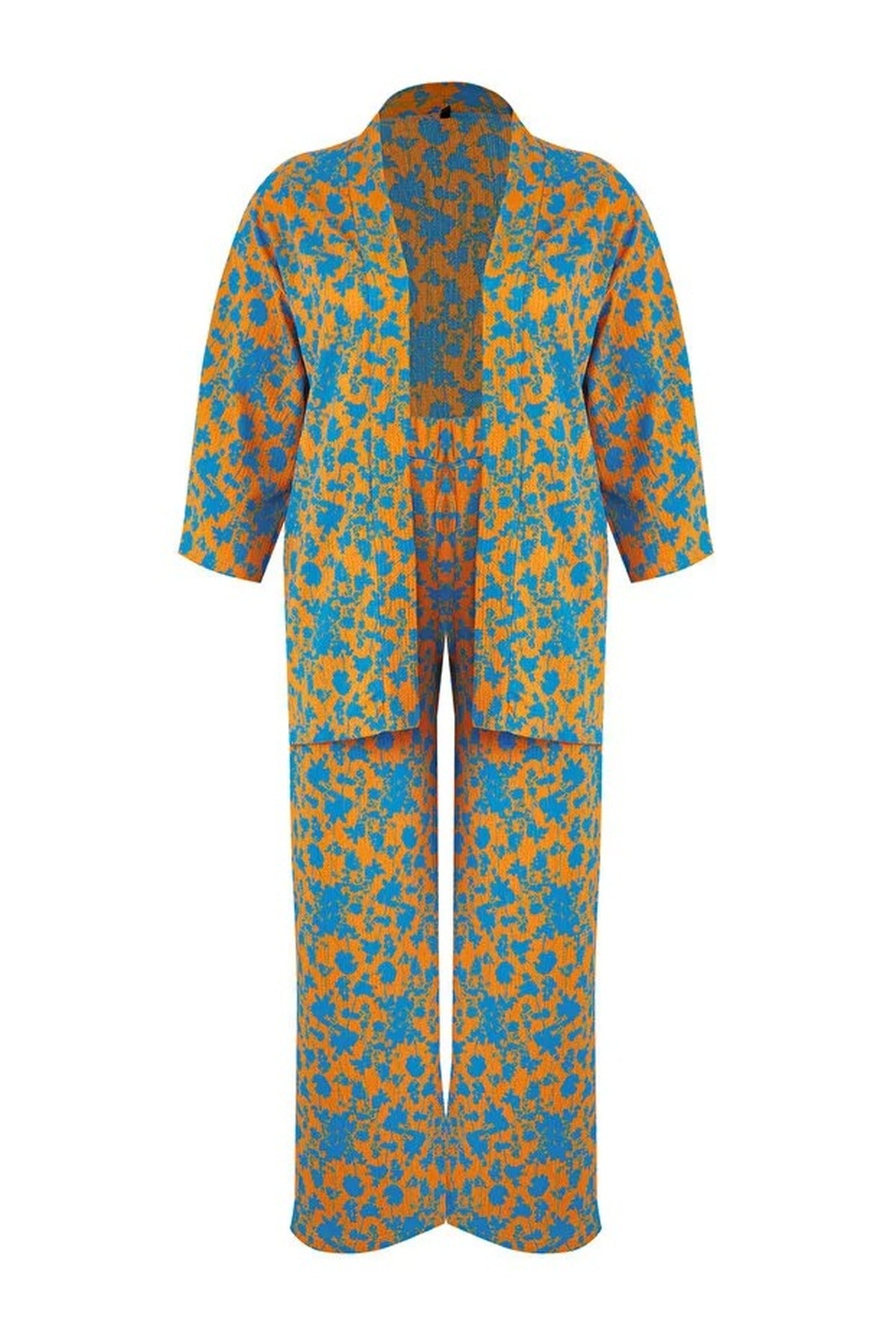 2- Piece Straight Relaxed Fit Flexible Kimono Knit Plus Size Top and Bottom Set
