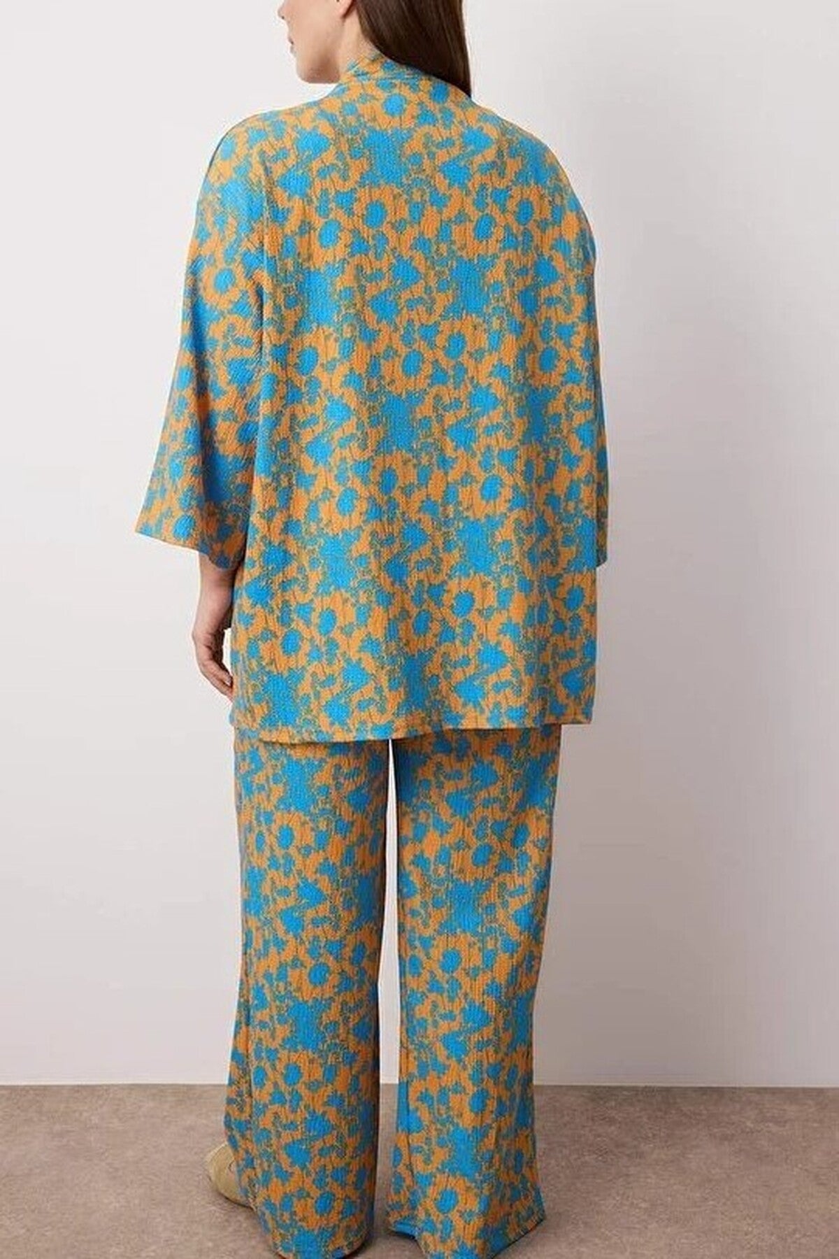 2- Piece Straight Relaxed Fit Flexible Kimono Knit Plus Size Top and Bottom Set