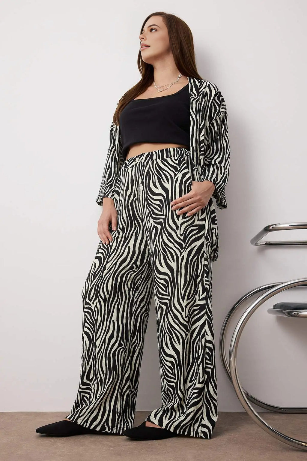 2- Piece Straight Relaxed Fit Flexible Kimono Knit Plus Size Top and Bottom Set