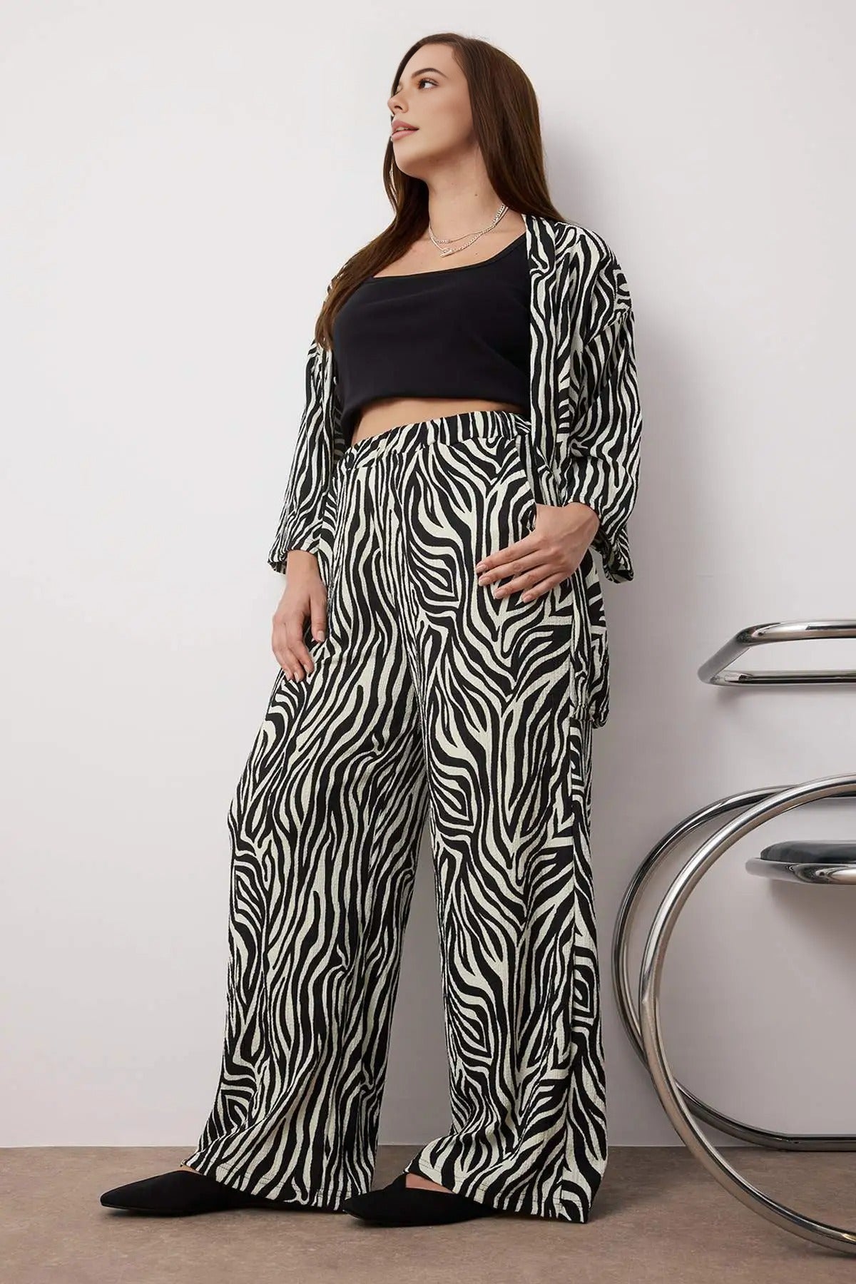 2- Piece Straight Relaxed Fit Flexible Kimono Knit Plus Size Top and Bottom Set