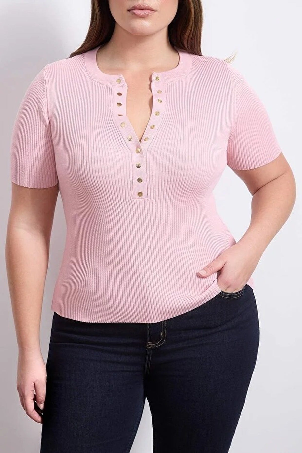 Snap Button Detail Ribbed Summer Knit Blouse