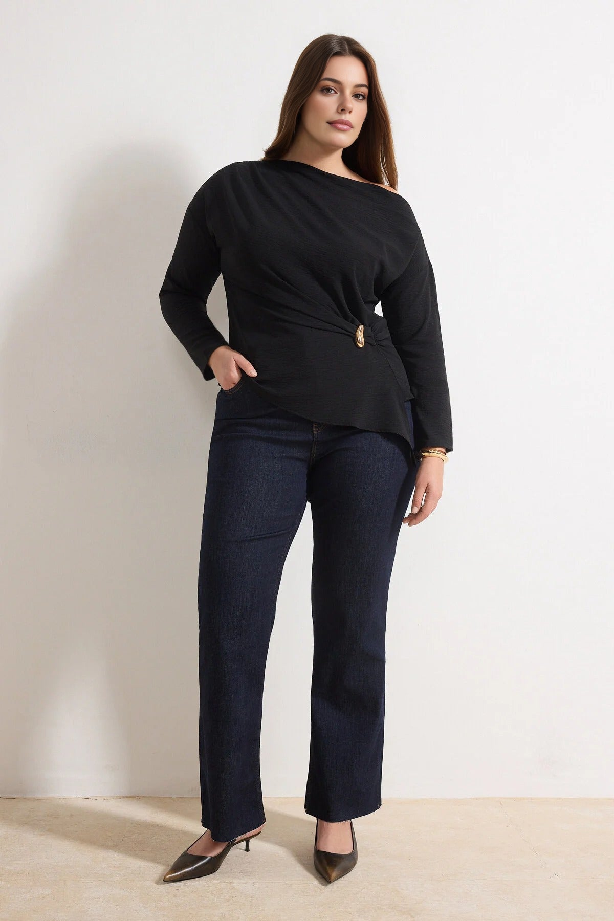 Gold Accessory Asymmetrical Collar Long Sleeve Woven Plus Size Blouse