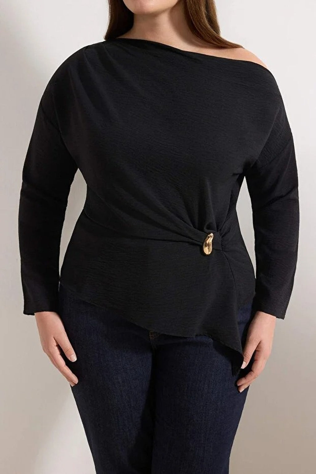 Gold Accessory Asymmetrical Collar Long Sleeve Woven Plus Size Blouse