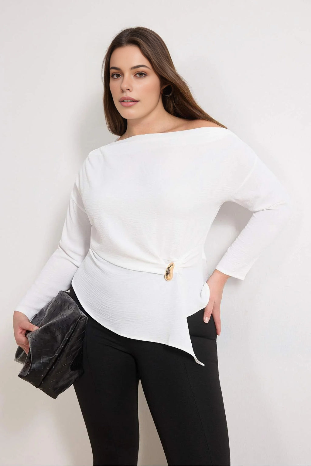 Gold Accessory Asymmetrical Collar Long Sleeve Woven Plus Size Blouse