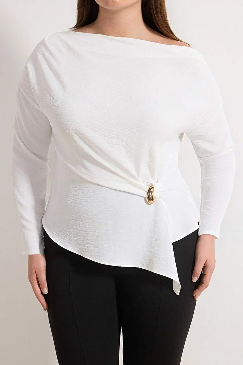Gold Accessory Asymmetrical Collar Long Sleeve Woven Plus Size Blouse