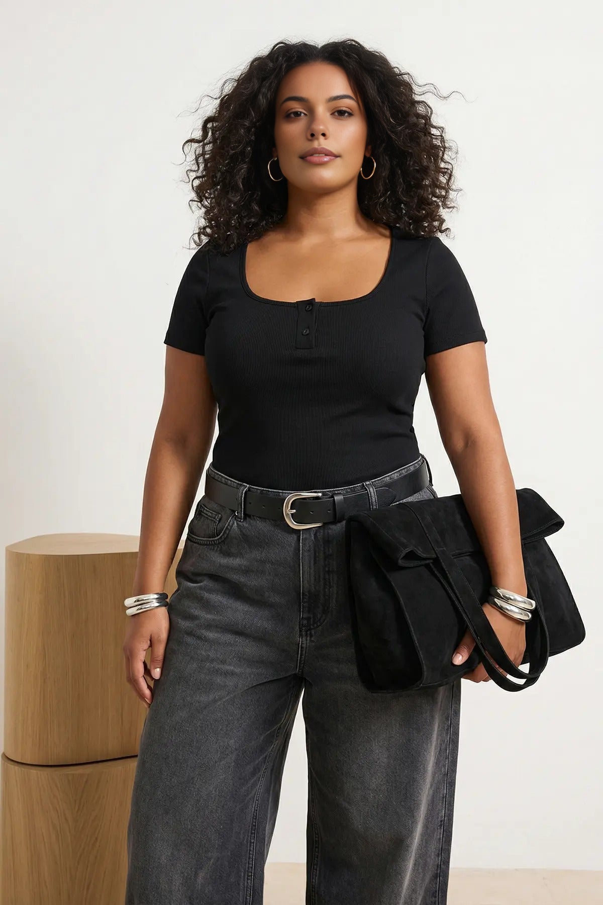 Pool Neck Fitted Knitted Plus Size Blouse