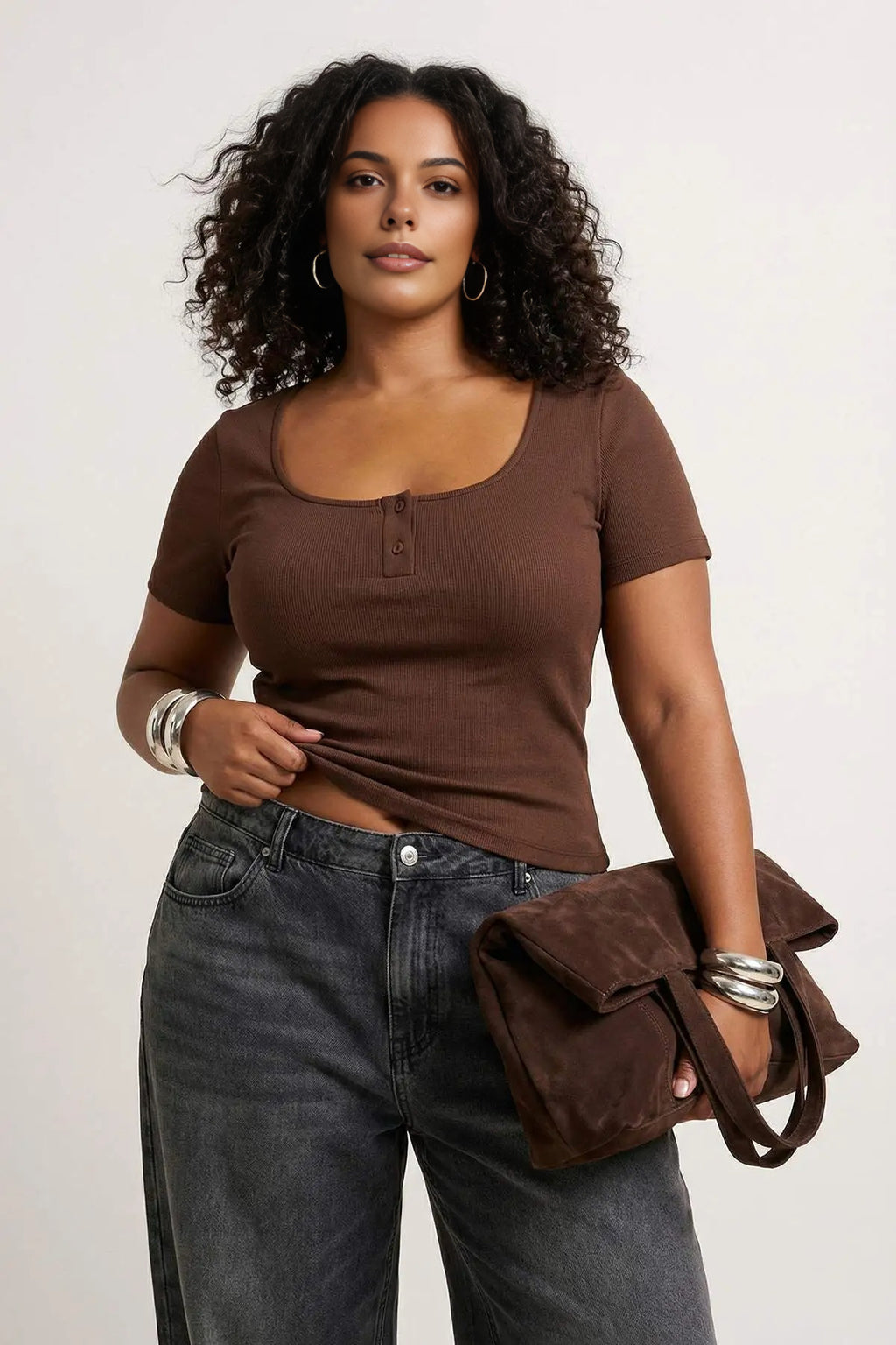 Pool Neck Fitted Knitted Plus Size Blouse