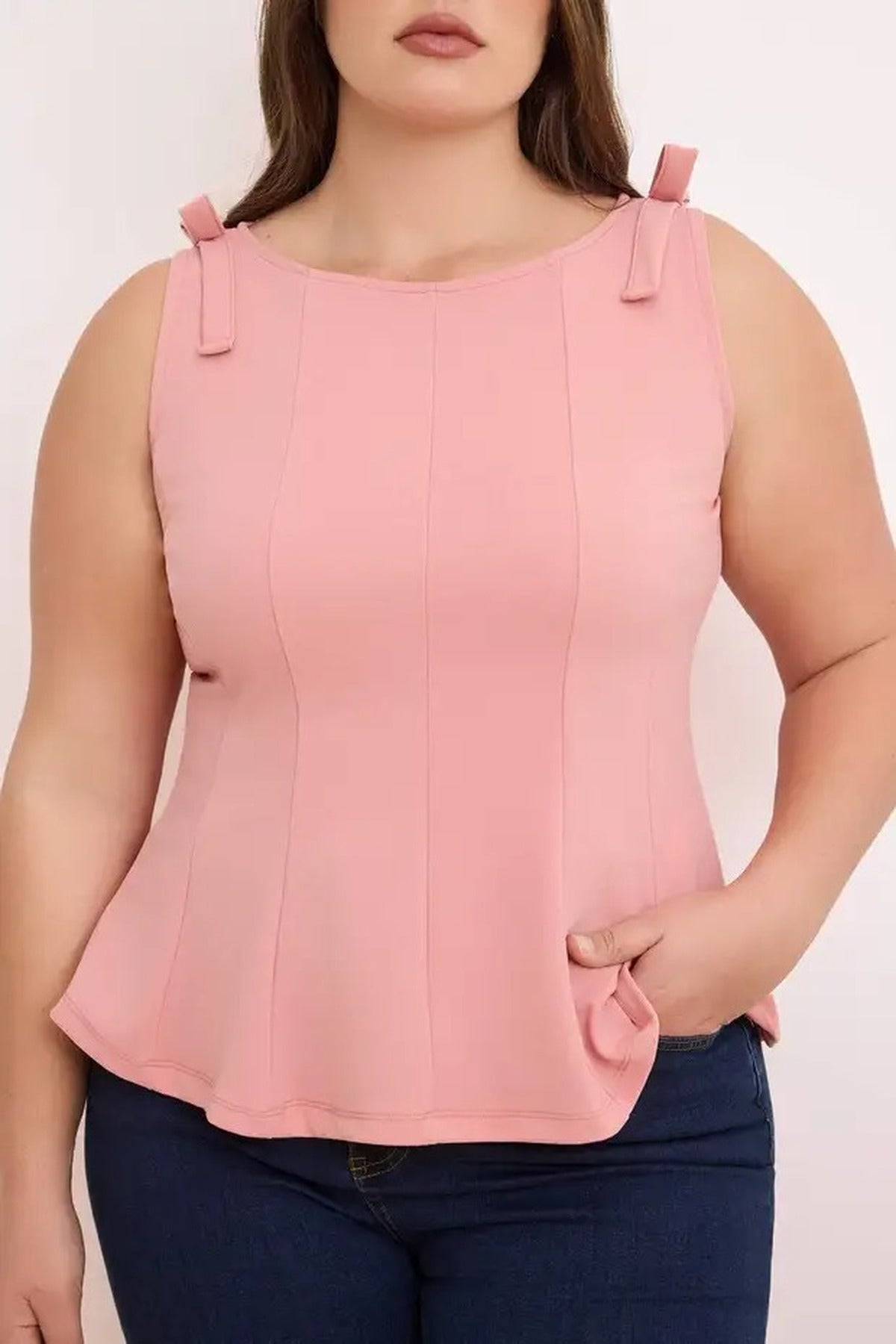 Sleeveless Peplum Blouse with Waist and Shoulder Bow Detail